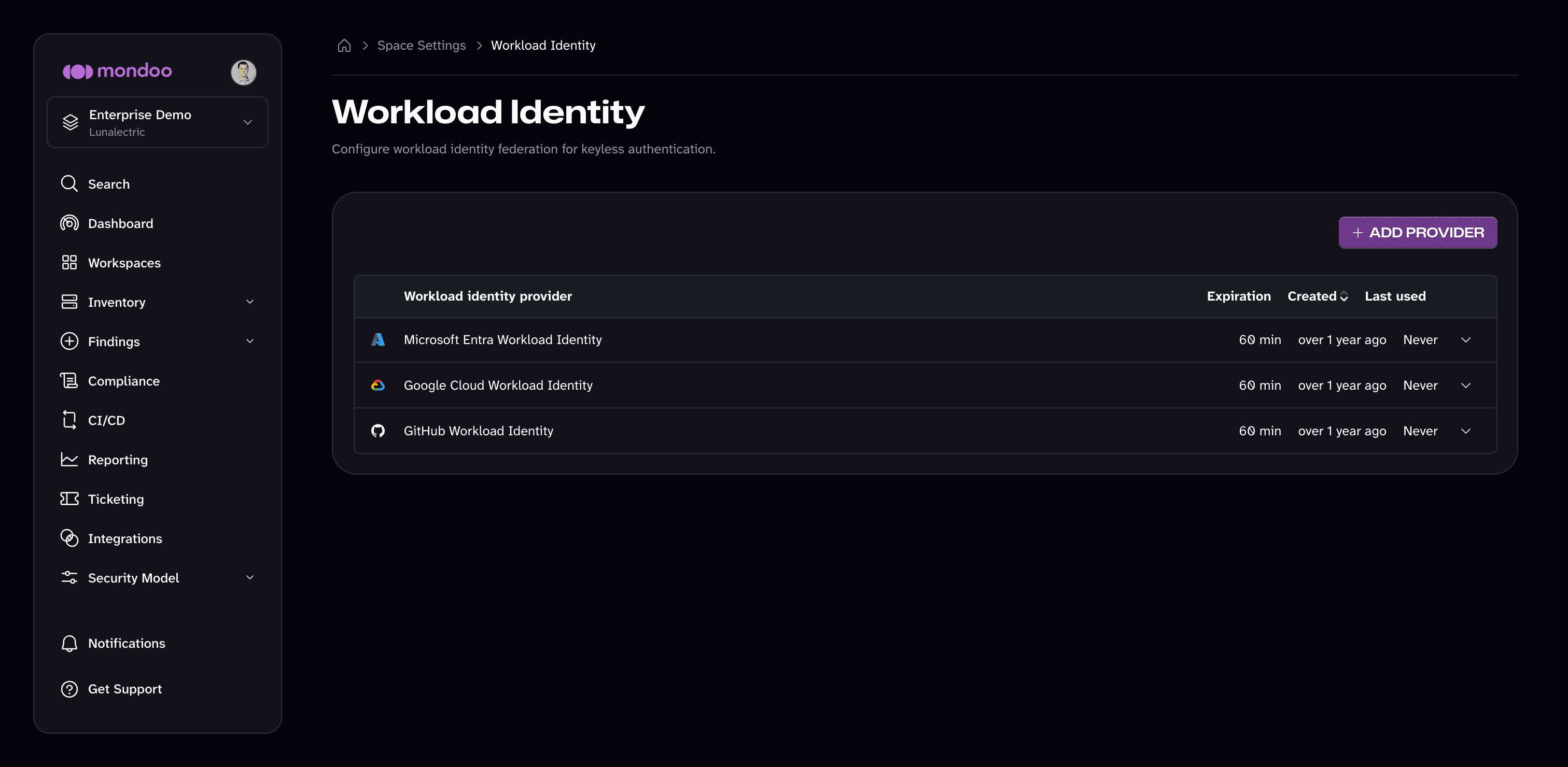 The Workload Identity settings page in the Mondoo App, listing workload identity providers with their expiration, created, and last used times