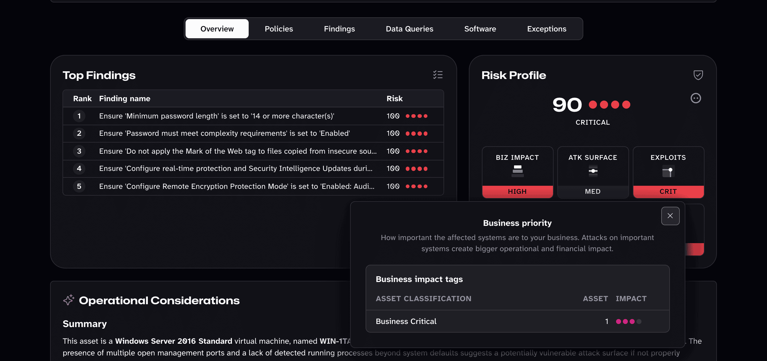A Windows asset annotated as business-critical