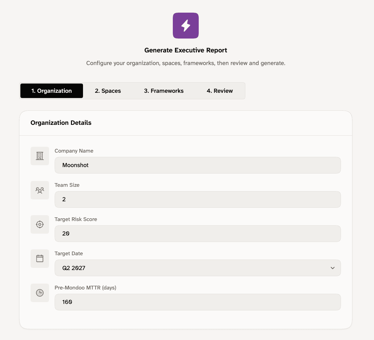 Wizard step 1 Organization with company name, team size, target risk score, target date, and pre-Mondoo MTTR fields