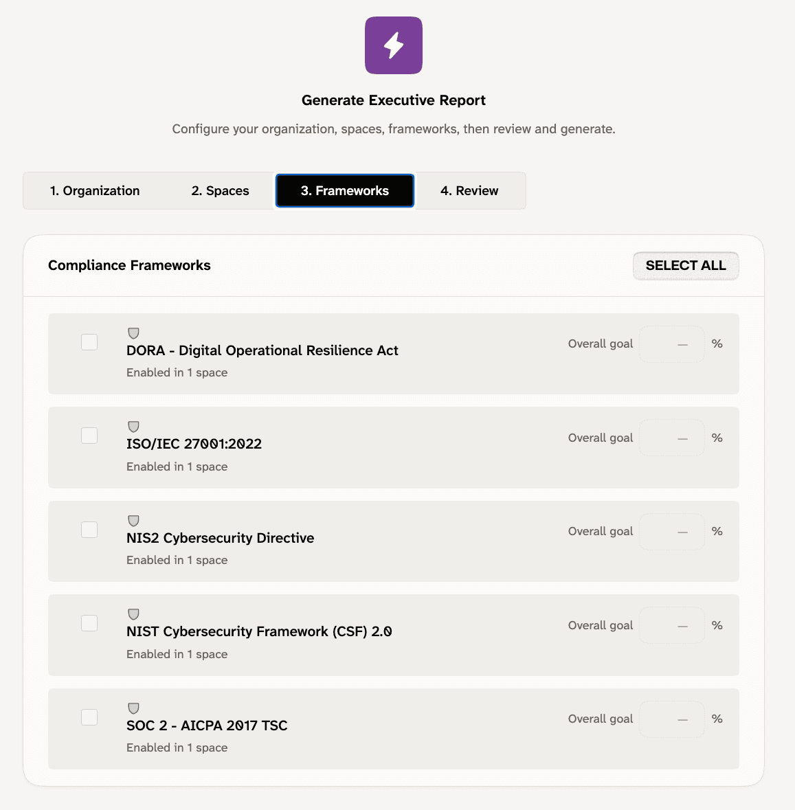 Wizard step 3 Compliance Frameworks with a list of frameworks and overall goal fields