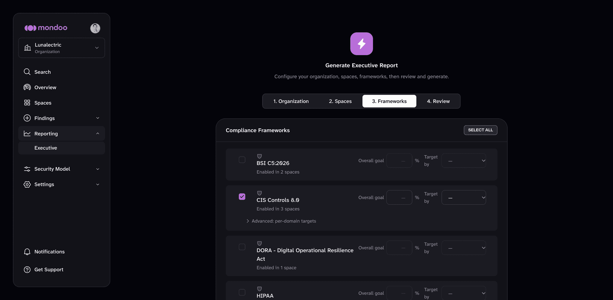 The Frameworks tab of the wizard, listing compliance frameworks with a checkbox, the number of spaces each is enabled in, and Overall goal and Target by fields