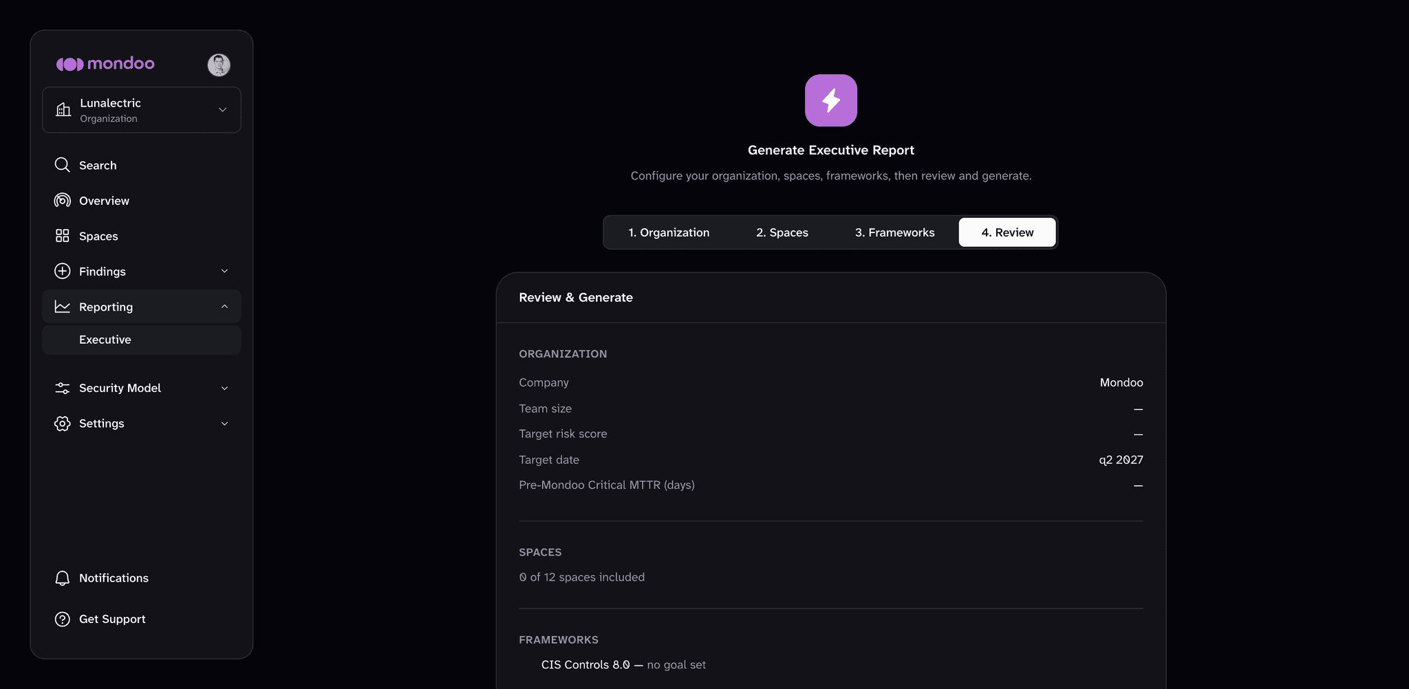 The Review tab of the wizard, summarizing the organization details, the number of included spaces, and the selected frameworks