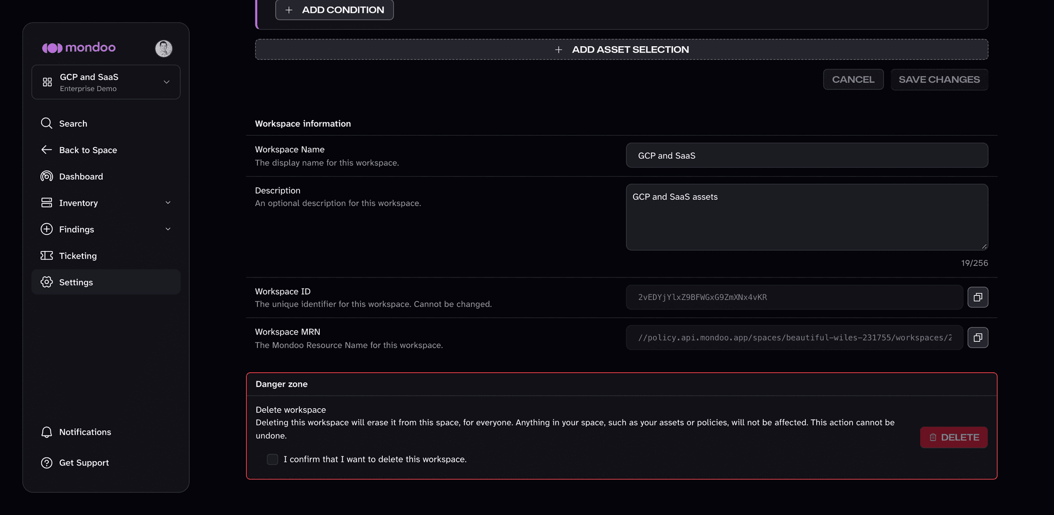 The Danger zone section of the workspace settings with the Delete workspace option