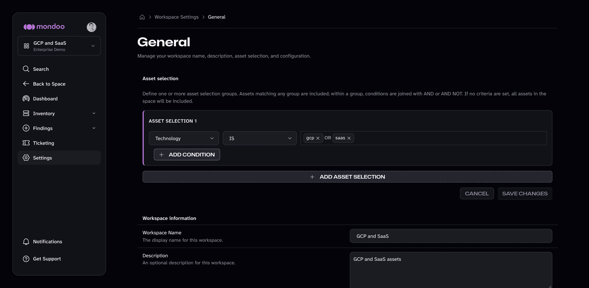 The workspace General settings page with the asset selection and workspace information