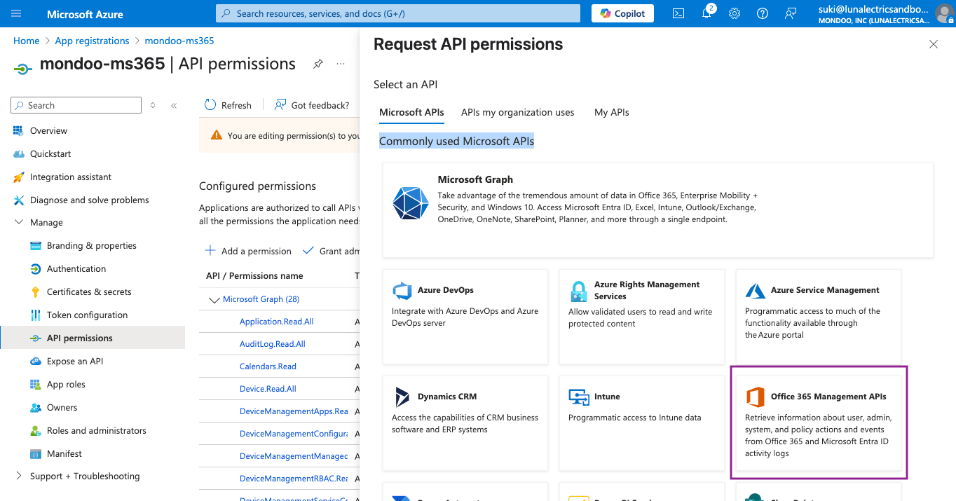 Azure Admin Center App Registrations - API permissions