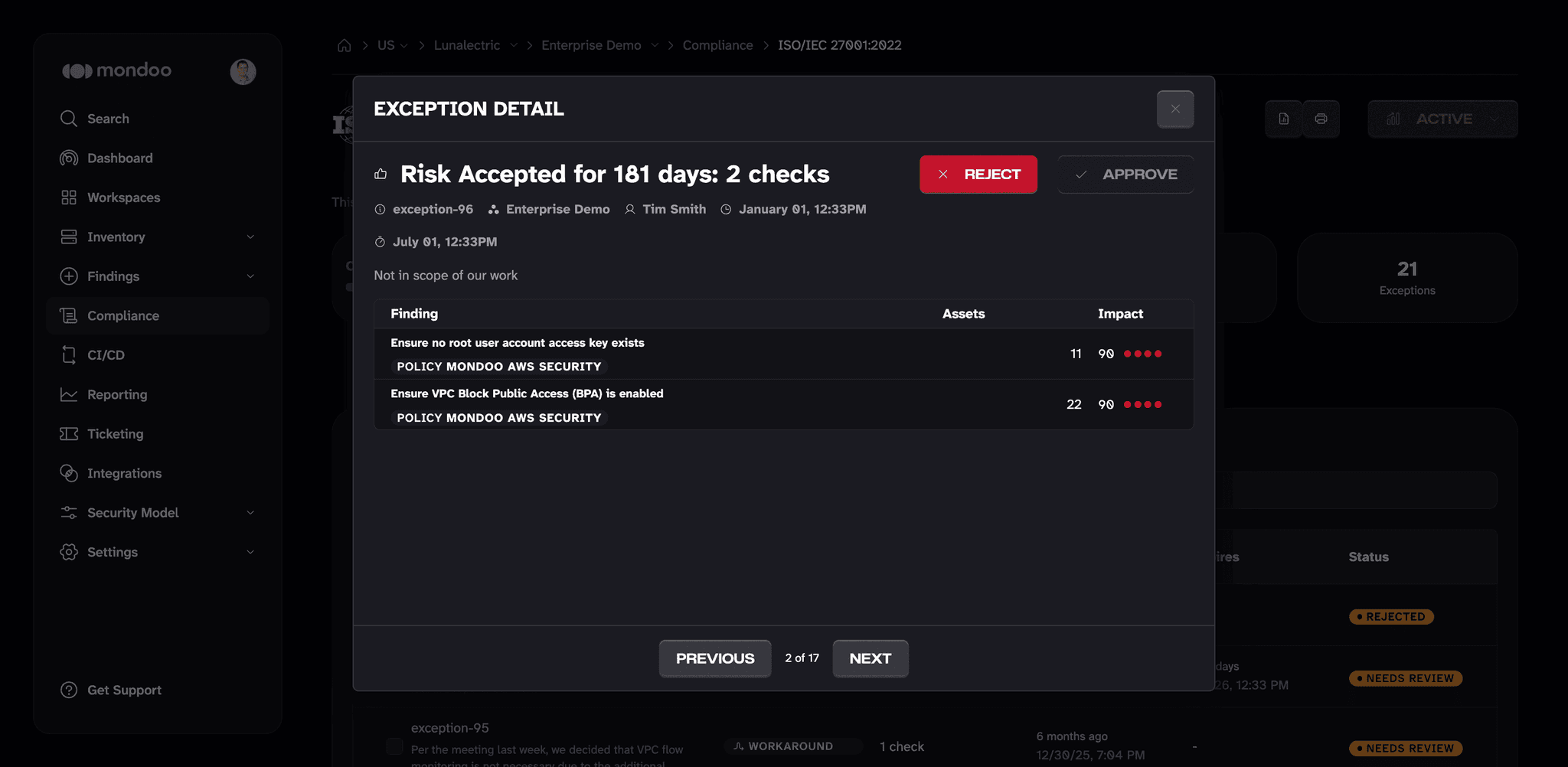 Approve or reject an exception on a compliance control