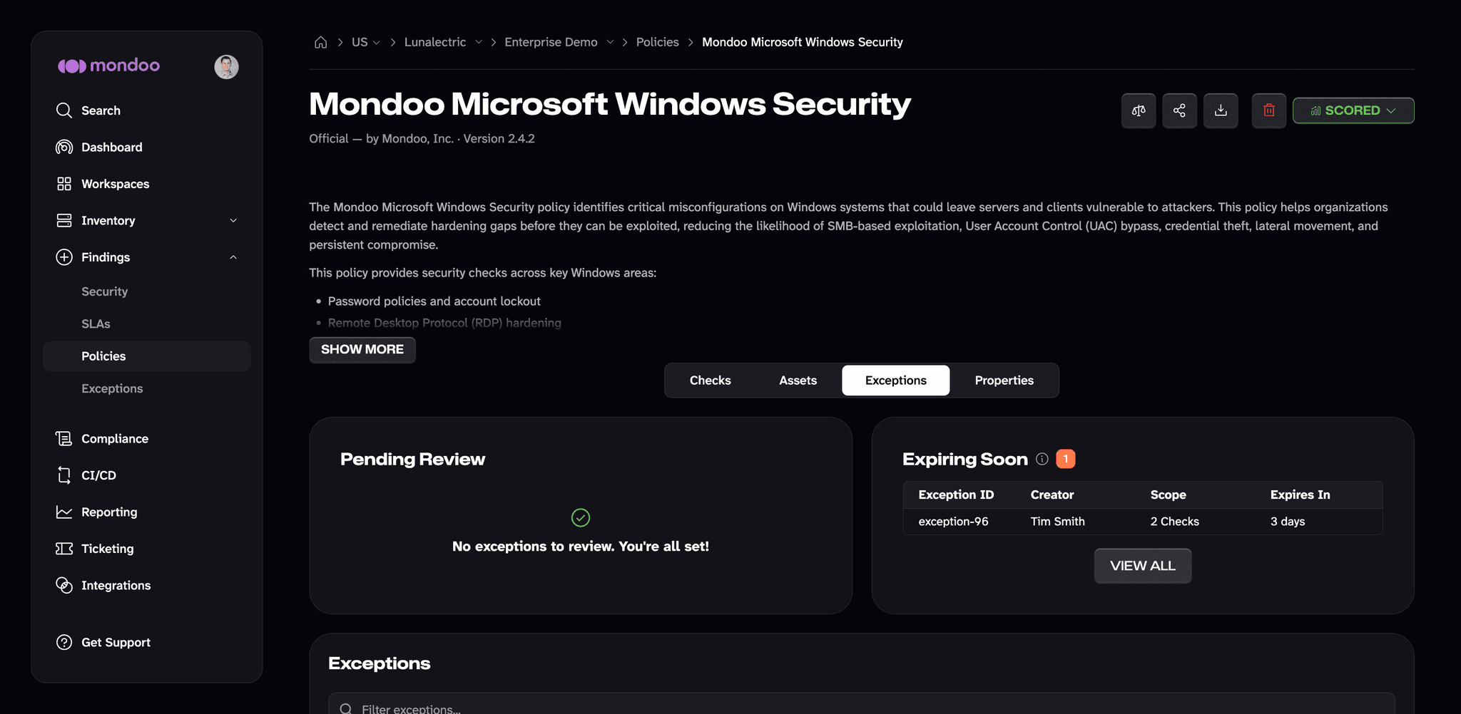 Exceptions on a policy in the Mondoo App