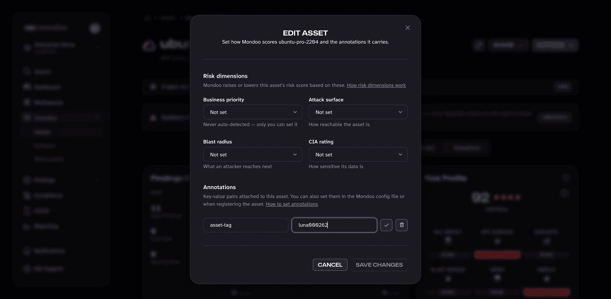 Adding an asset-tag annotation with the value luna000262 in the Edit asset dialog