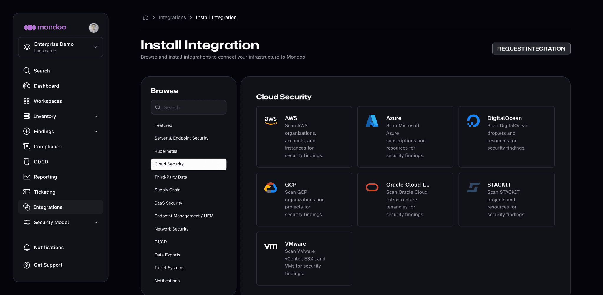 Cloud Security integrations on the Install Integration page