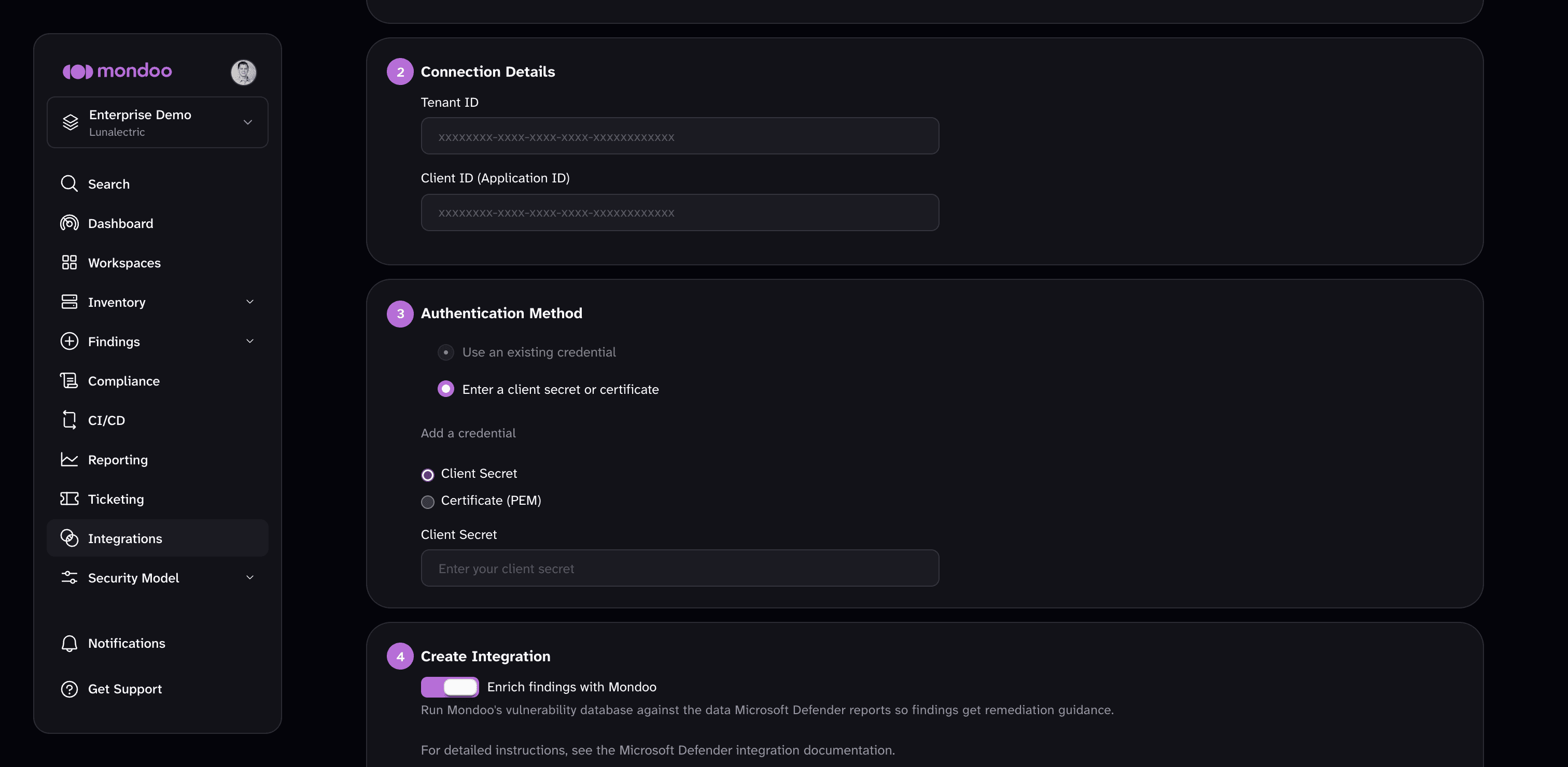 The Connection Details, Authentication Method, and Create Integration steps of the Microsoft Defender integration form