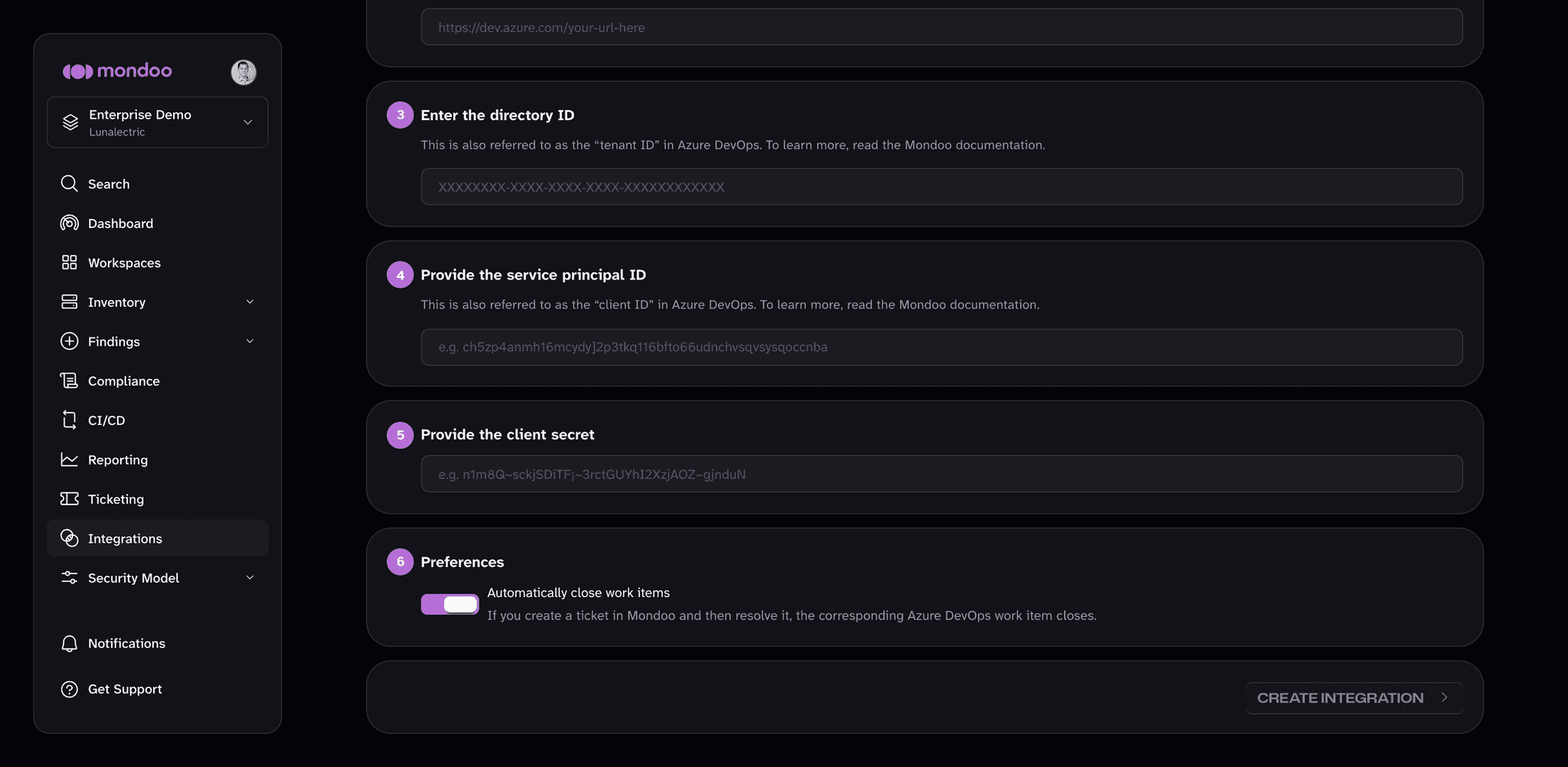 The client secret and Preferences sections of the Azure DevOps integration setup page in the Mondoo App