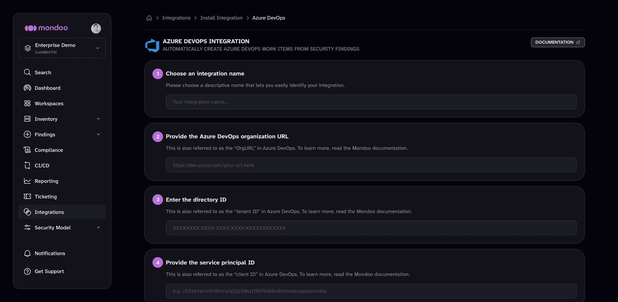 The Azure DevOps integration setup page in the Mondoo App