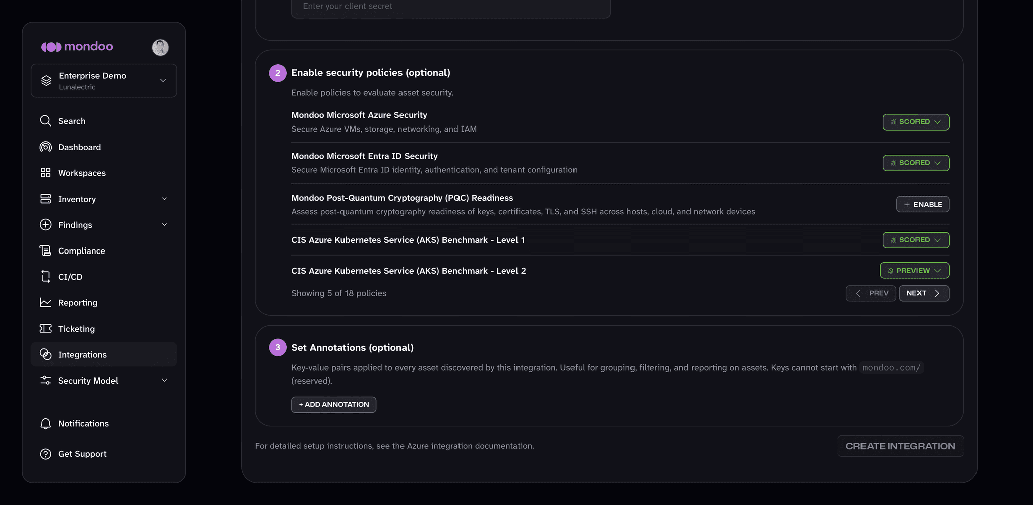 Security policies and annotations steps at the bottom of the Azure Manual Setup form
