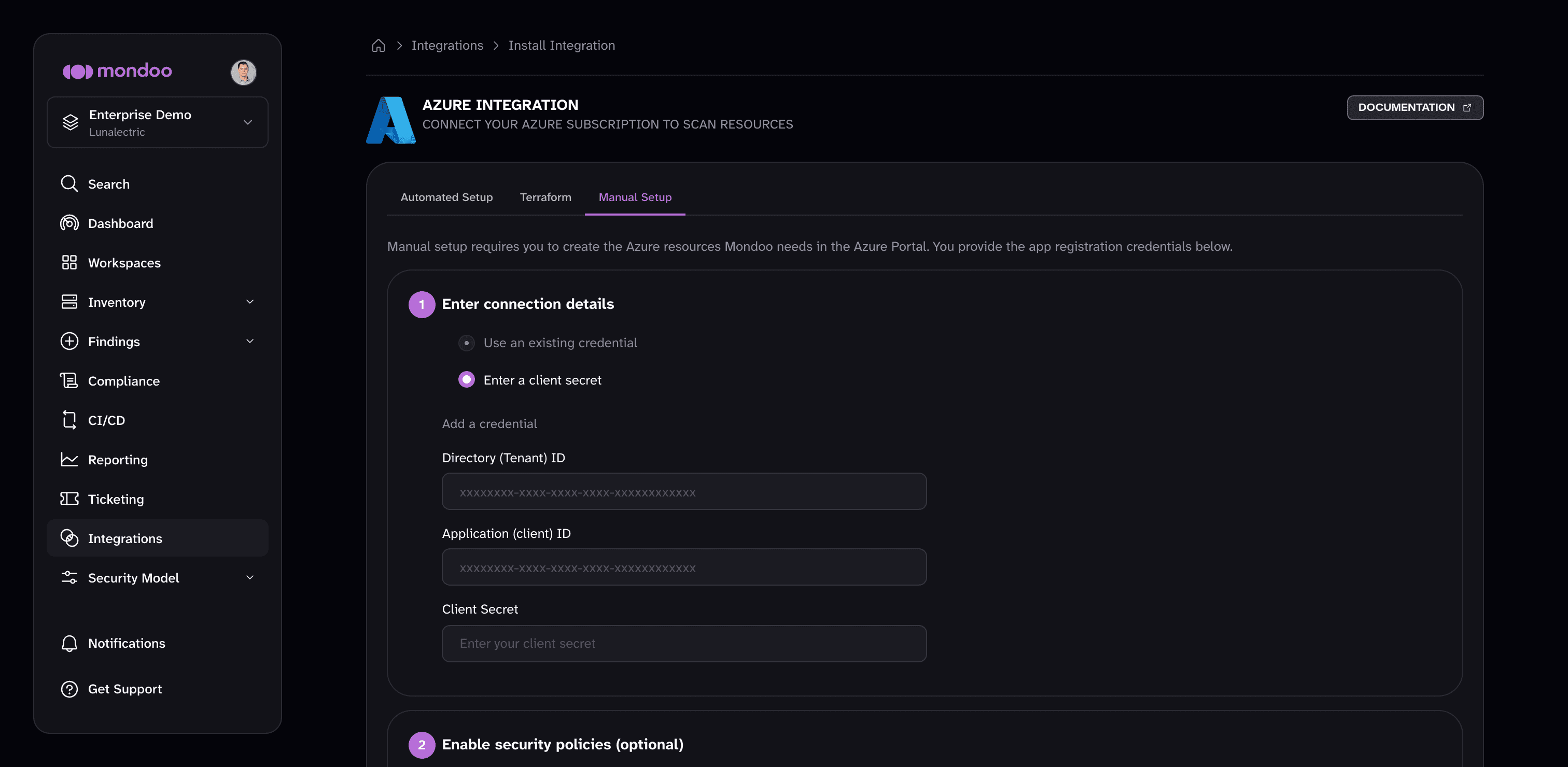Manual Setup tab of the Azure integration form, showing the connection details step