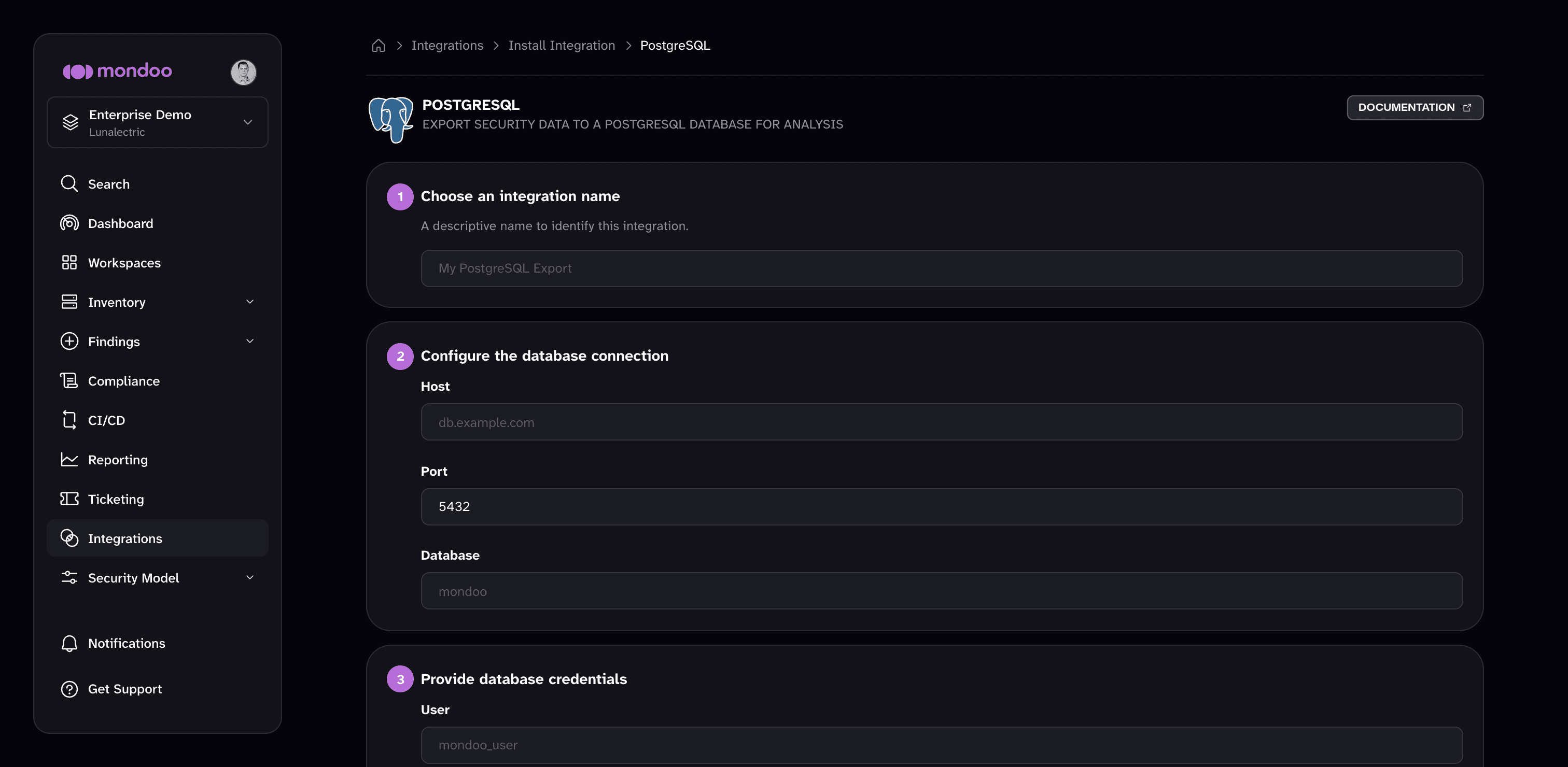 The PostgreSQL export integration form in Mondoo, with the integration name, Host, Port, and Database fields