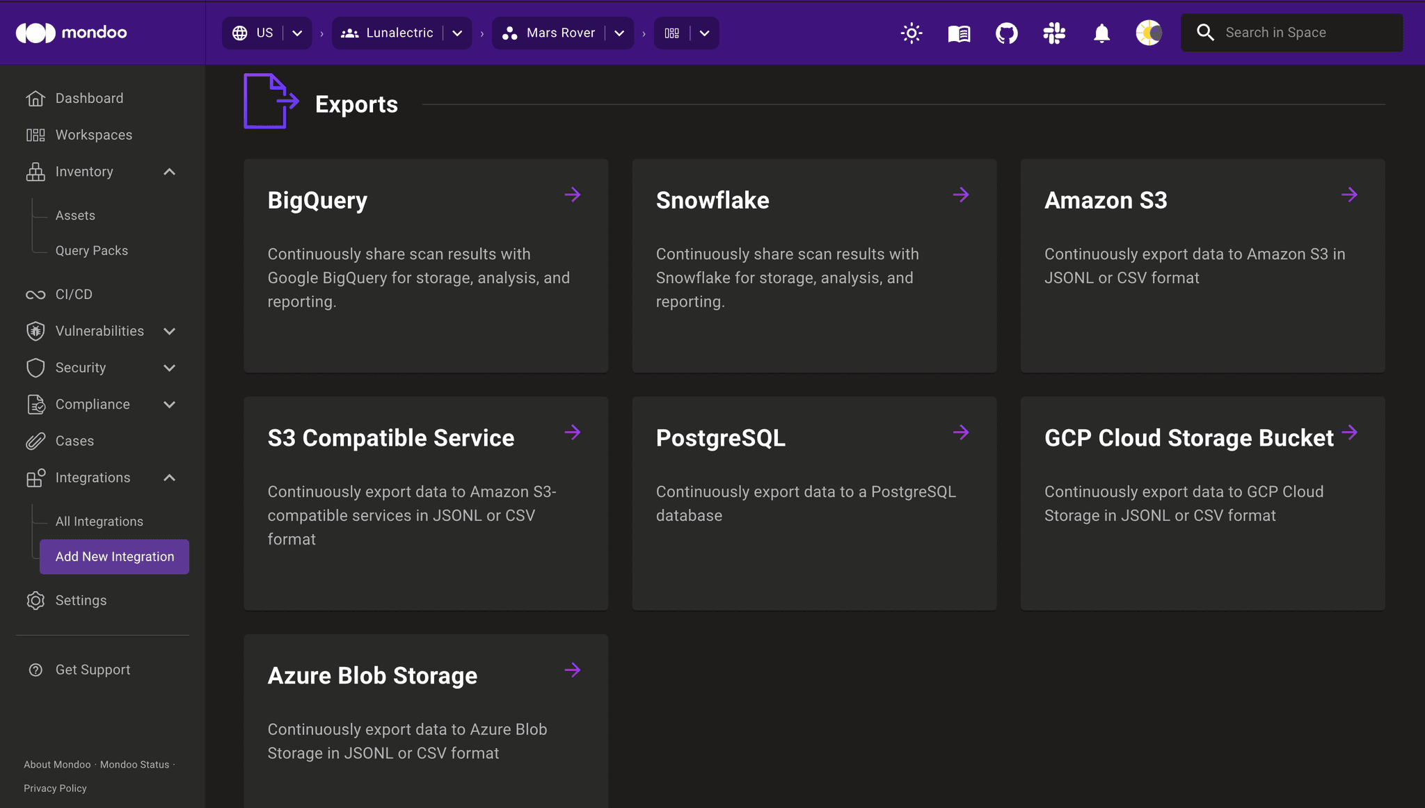 Add new export integration in Mondoo