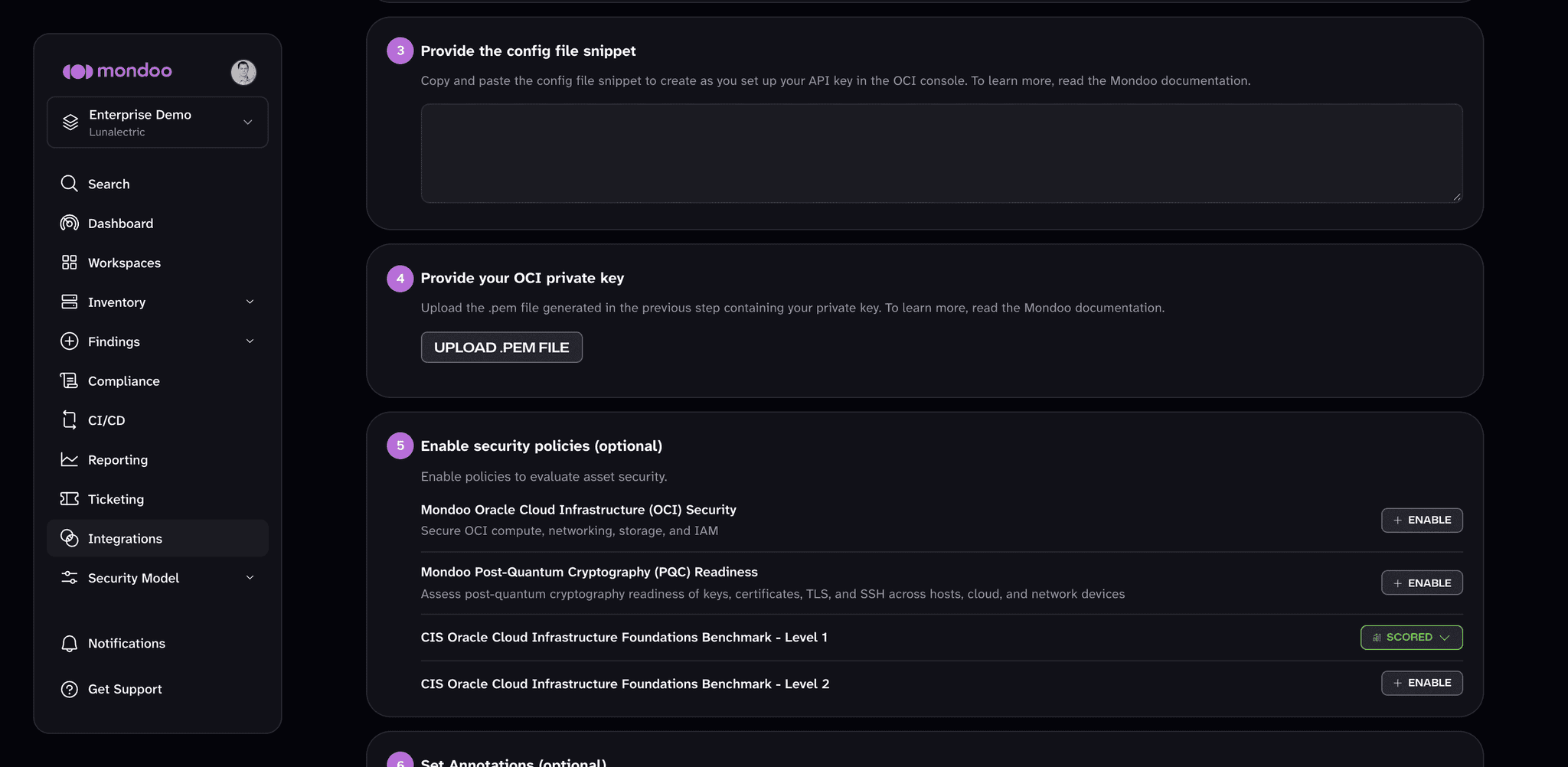 Config file snippet, private key upload, and security policies steps of the OCI integration form