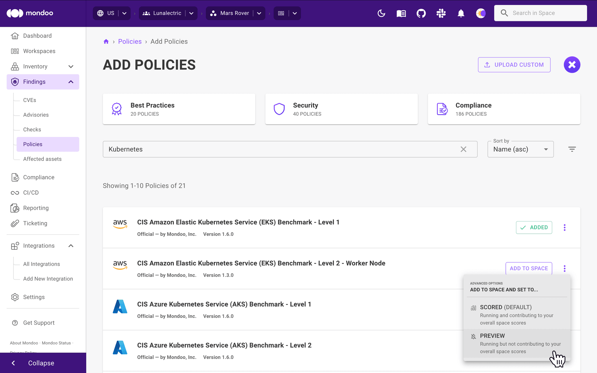 Mondoo - enable the policy for a space