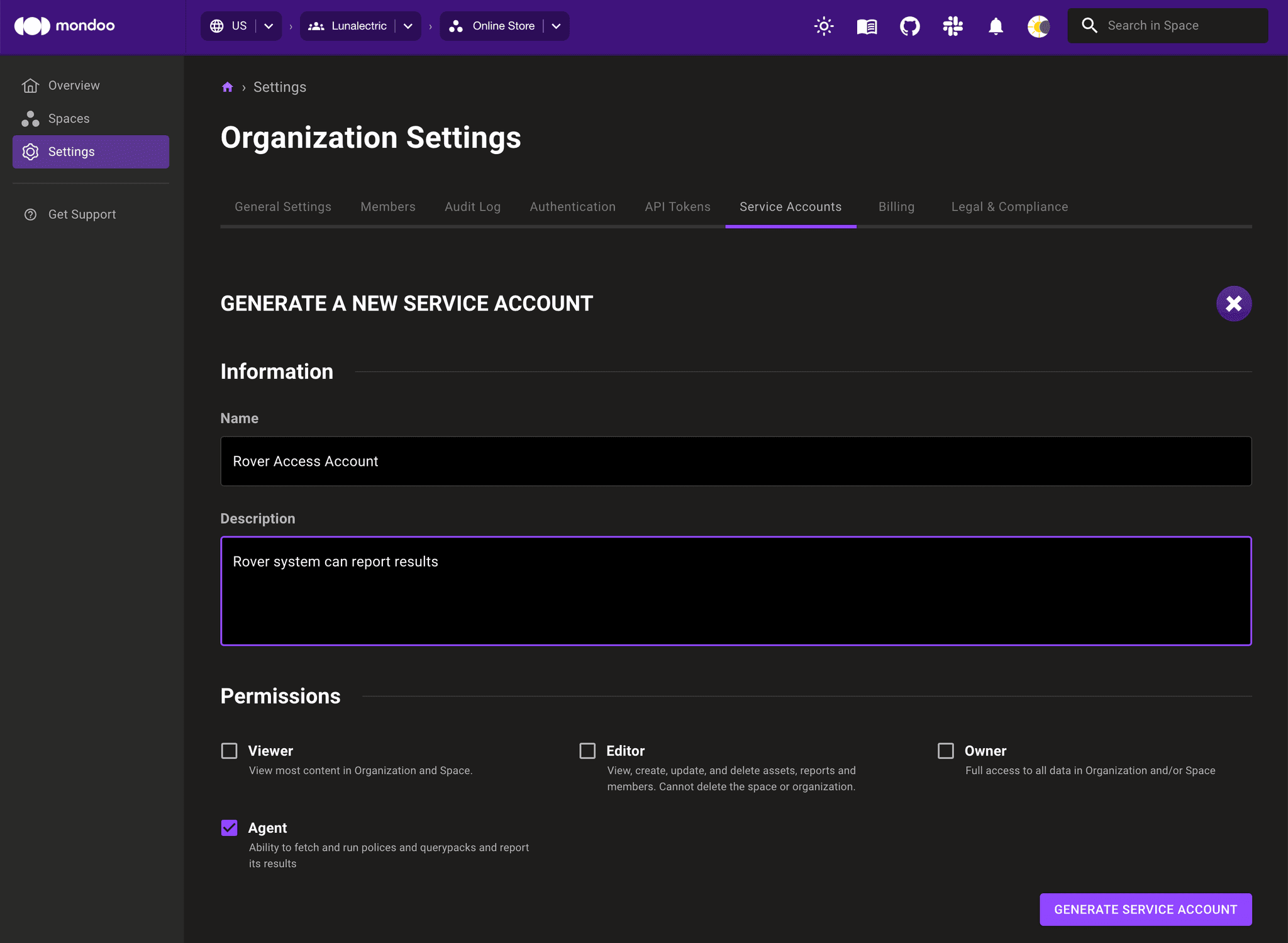 Add a service account to a Mondoo organization