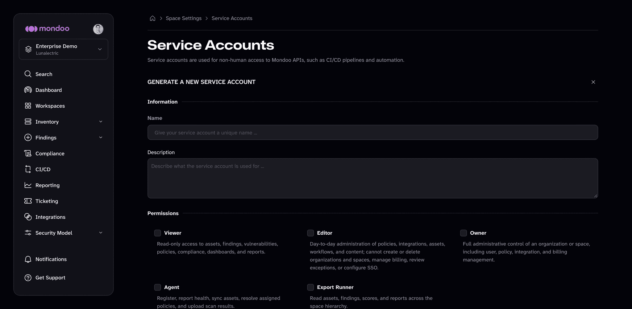 The Generate a new service account form in the Mondoo App, with name, description, and Viewer, Editor, Owner, Agent, and Export Runner permissions