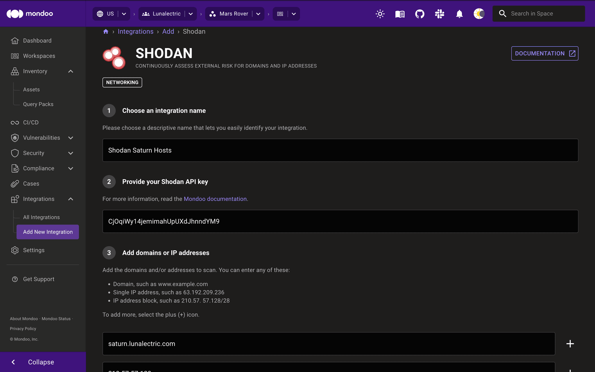 Continuously scan domain or IP address with Mondoo and Shodan