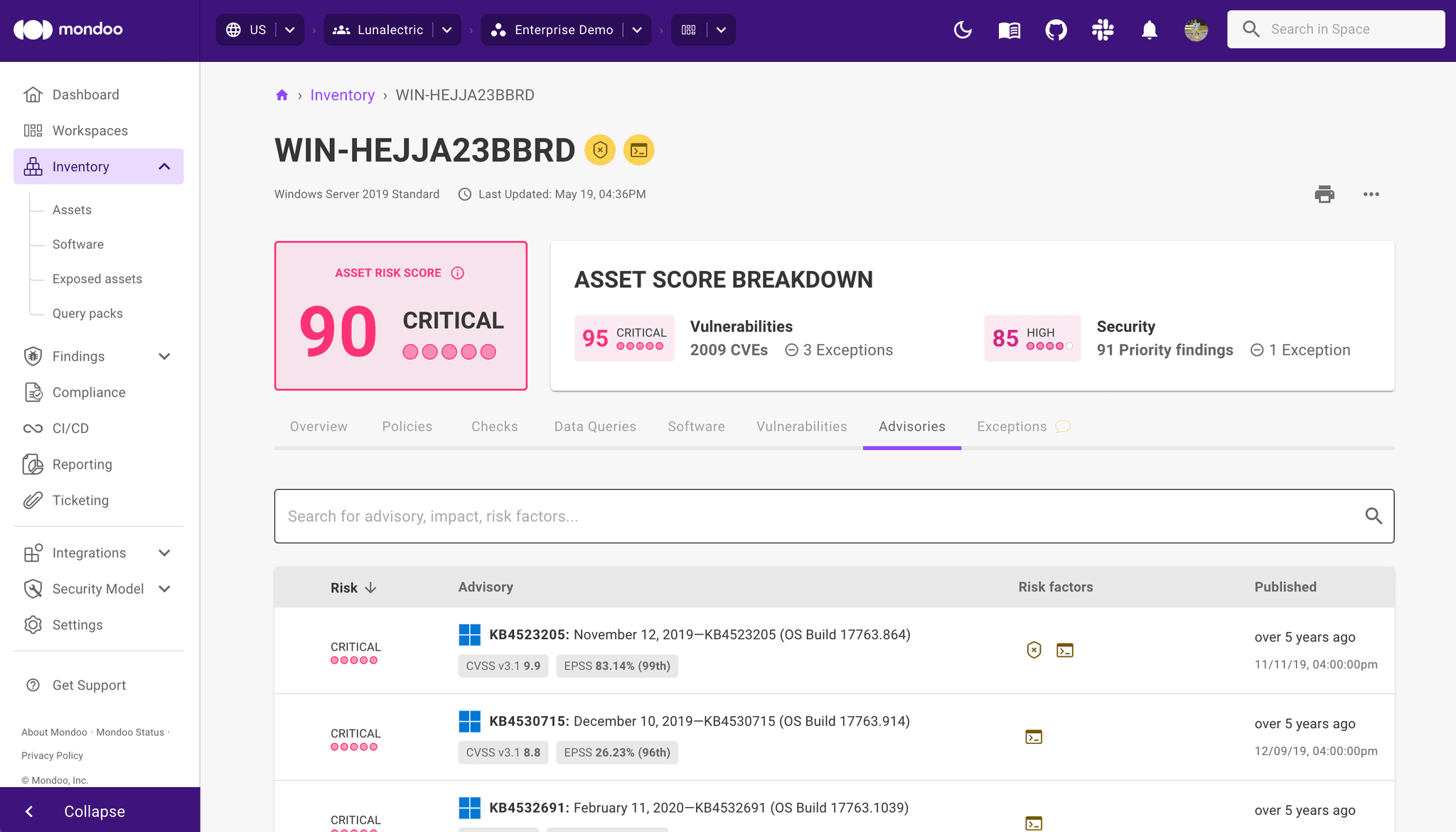 Advisories tab for an asset
