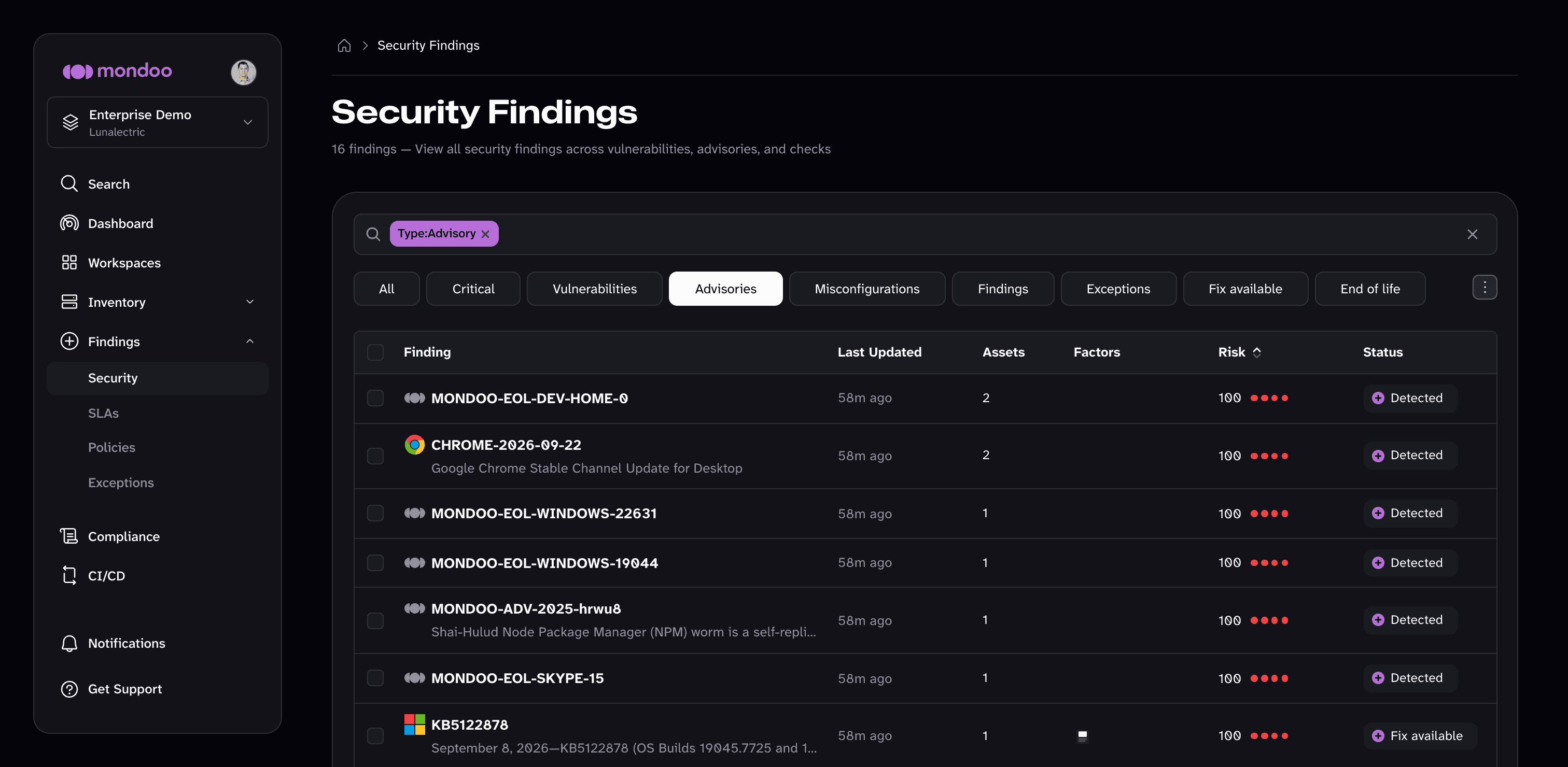 Security Findings filtered to advisories in the Mondoo App