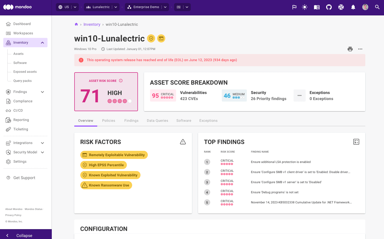 Mondoo scan results of an asset from an Ansible inventory