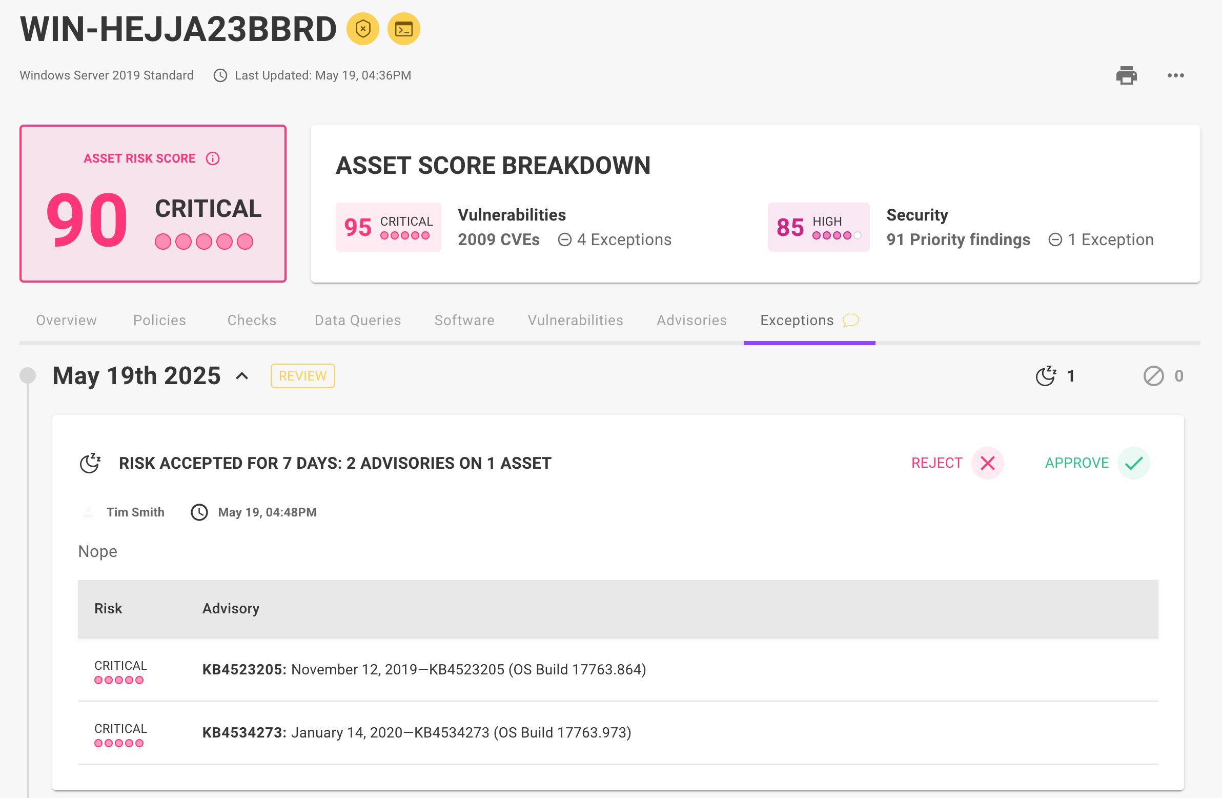 Exceptions tab on an asset