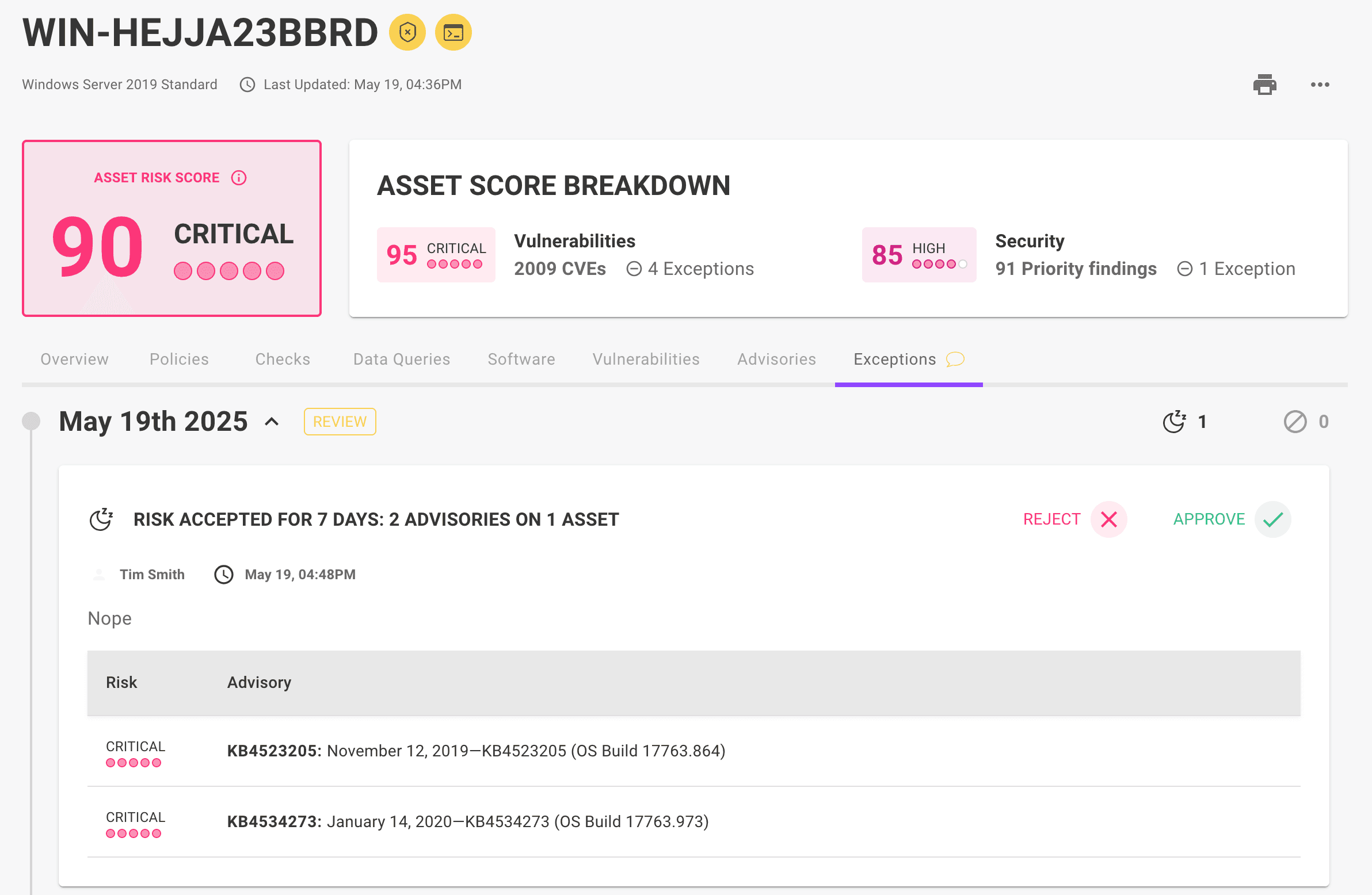 Exceptions tab on an asset
