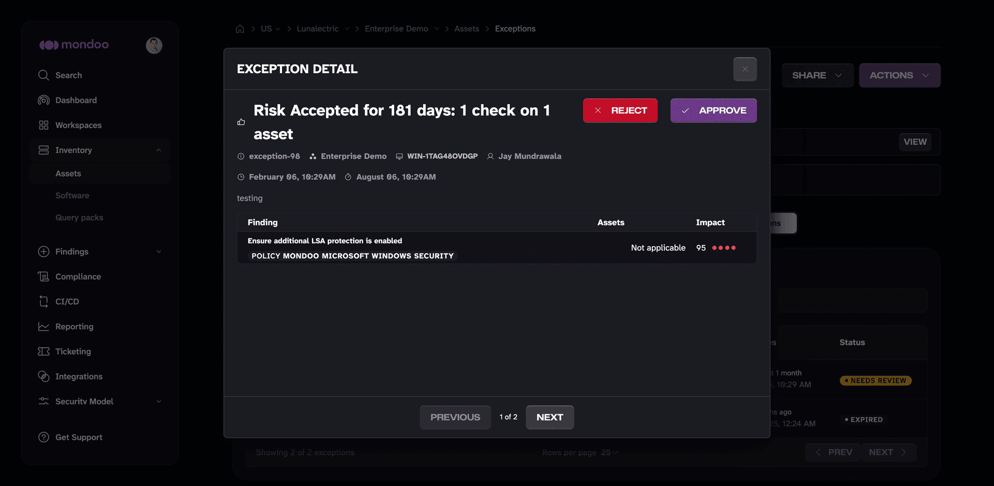 Approve or reject an exception on an asset