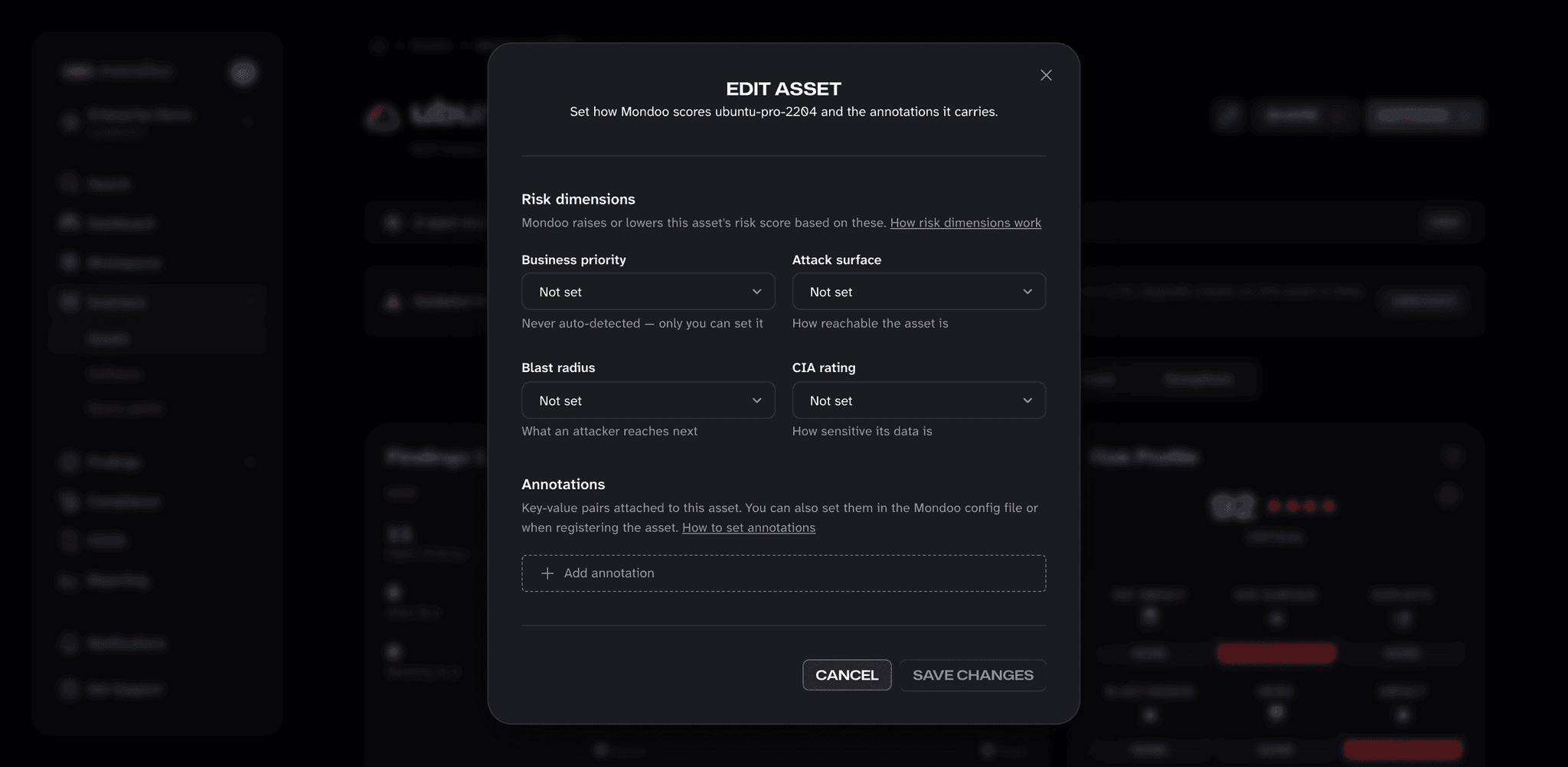 The Edit asset dialog for a Mondoo asset, with the Business priority, Attack surface, Blast radius, and CIA rating pickers set to Not set and no annotations yet