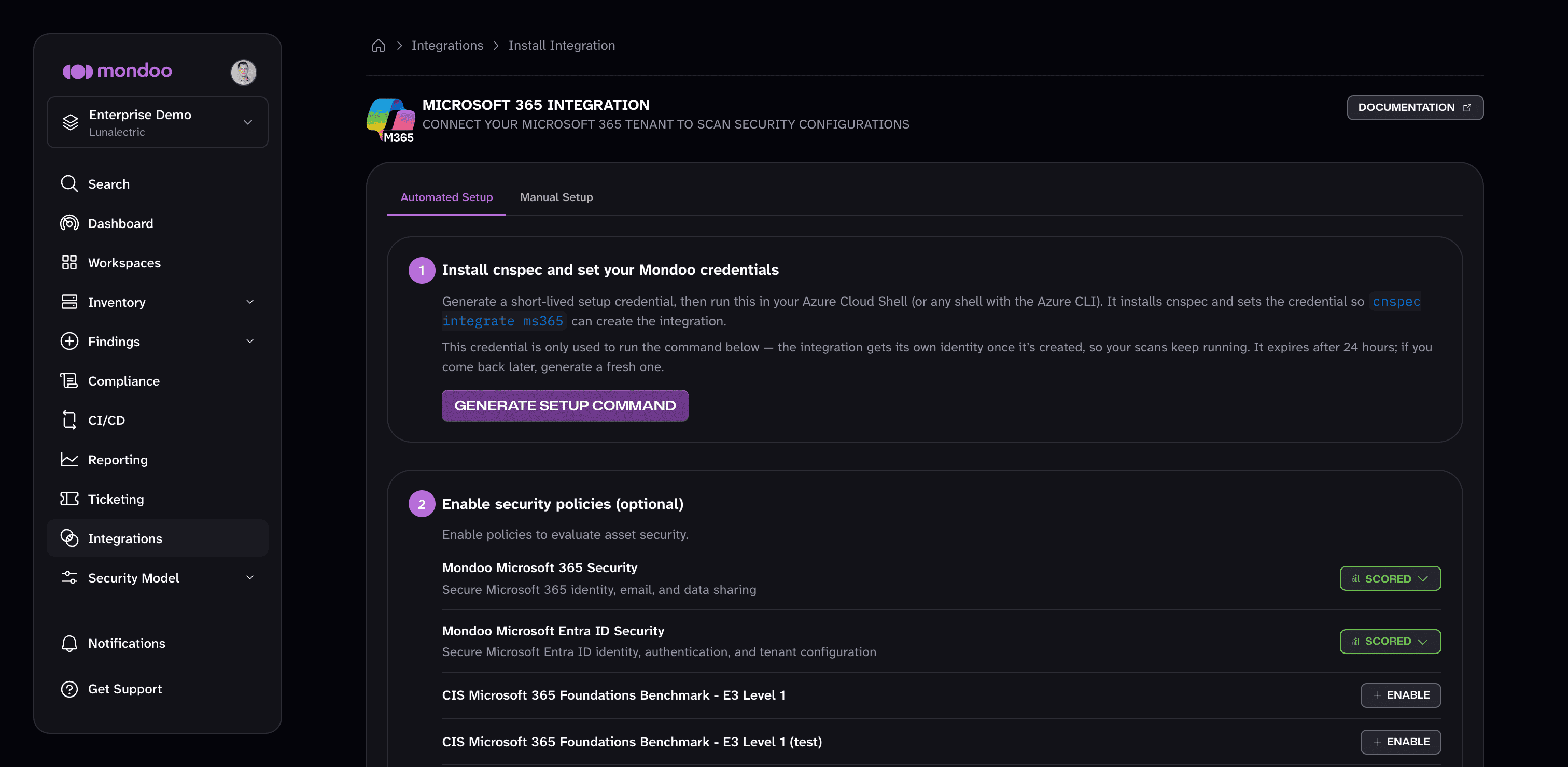 The Automated Setup tab of the Microsoft 365 integration form in the Mondoo Console