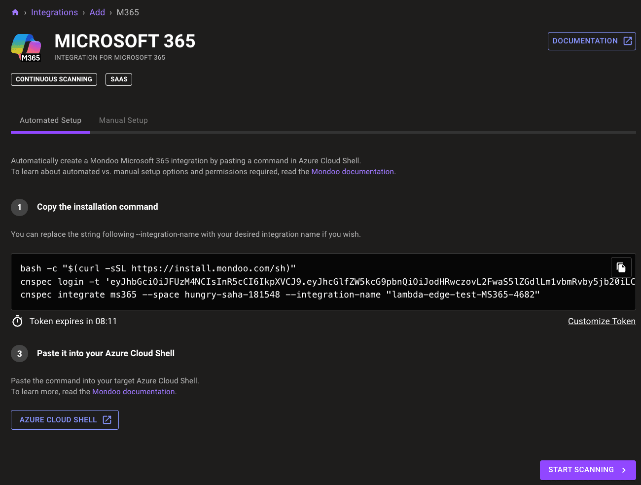 Automated approach to adding an Microsoft 365 integration to Mondoo