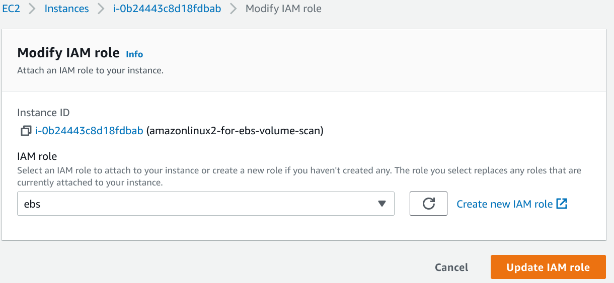 EC2 instance settings showing IAM role attachment