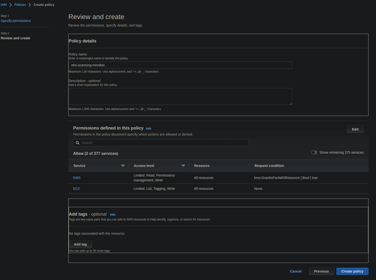 IAM policy creation showing the ebs-scanning-mondoo policy name