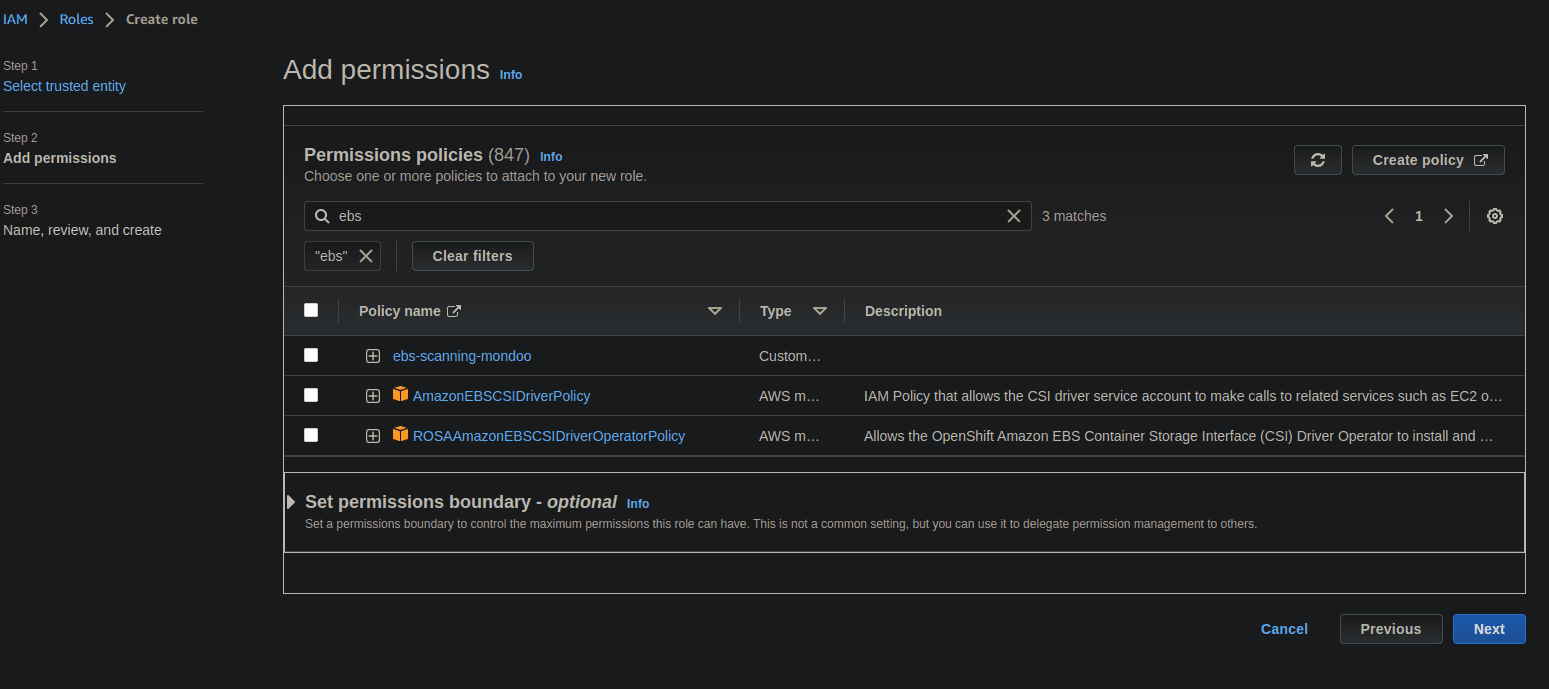 IAM role creation showing the ebs role with the scanning policy attached