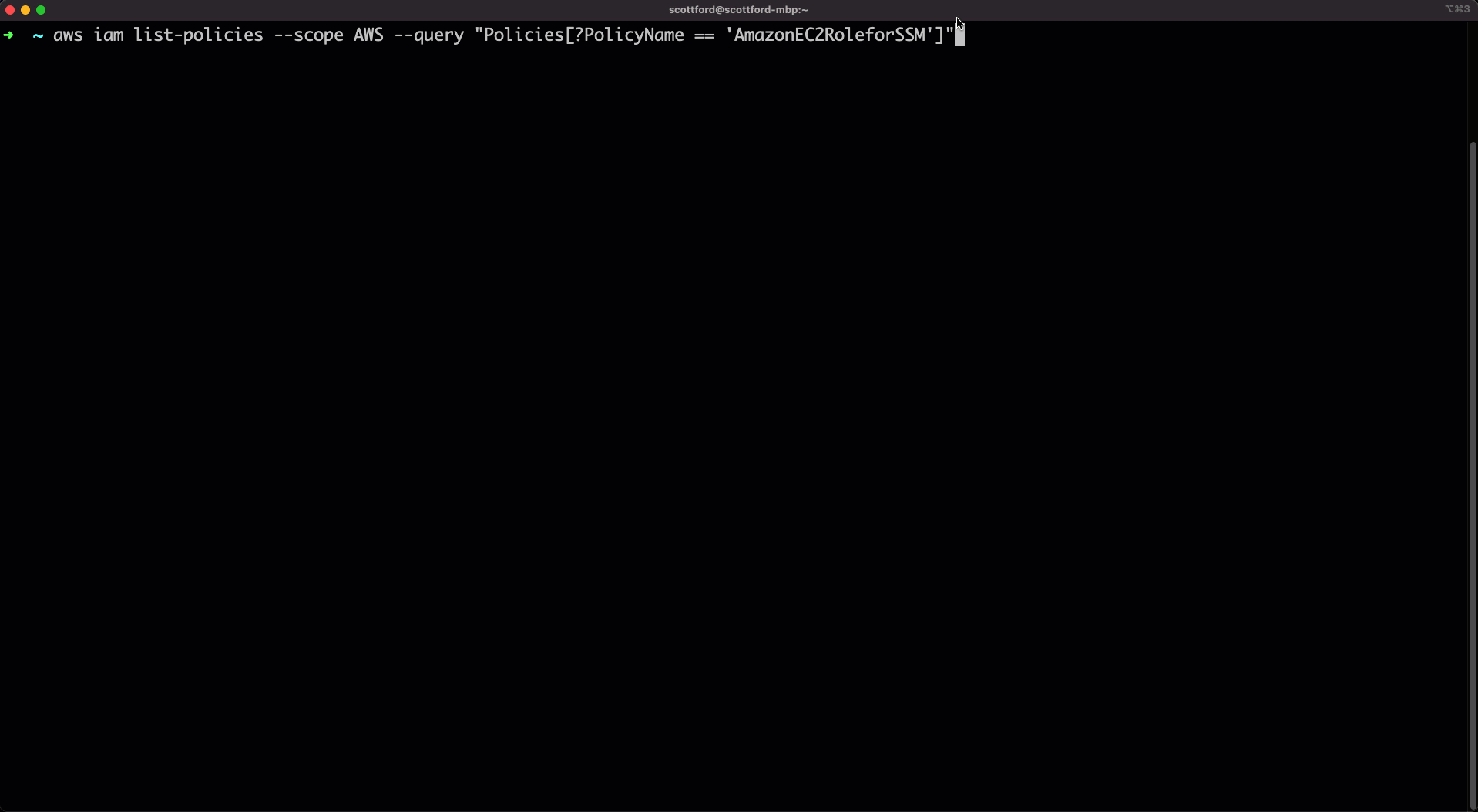 CLI output showing the AmazonSSMManagedInstanceCore policy ARN