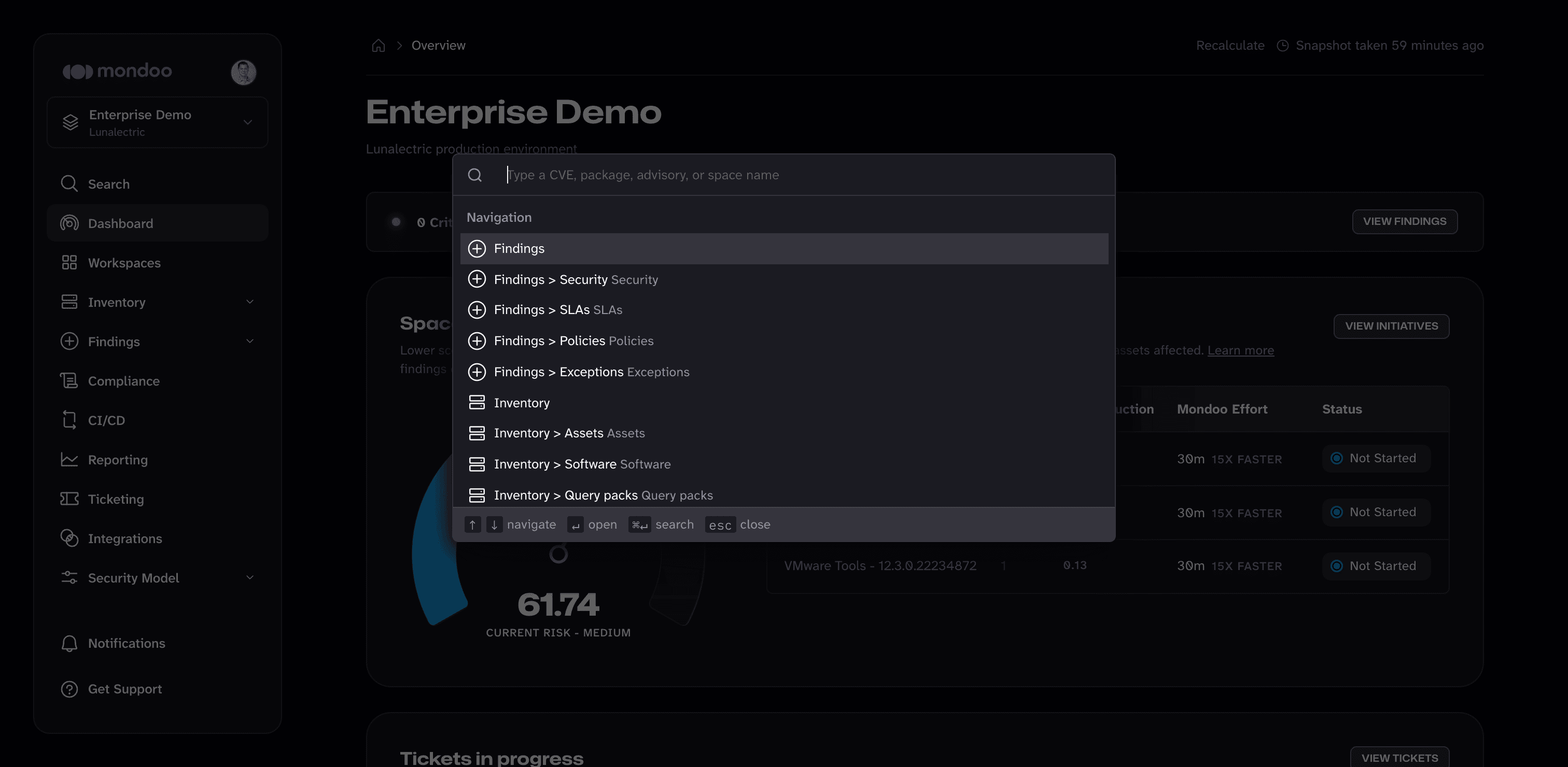 The search palette, listing the pages in the current space under Navigation