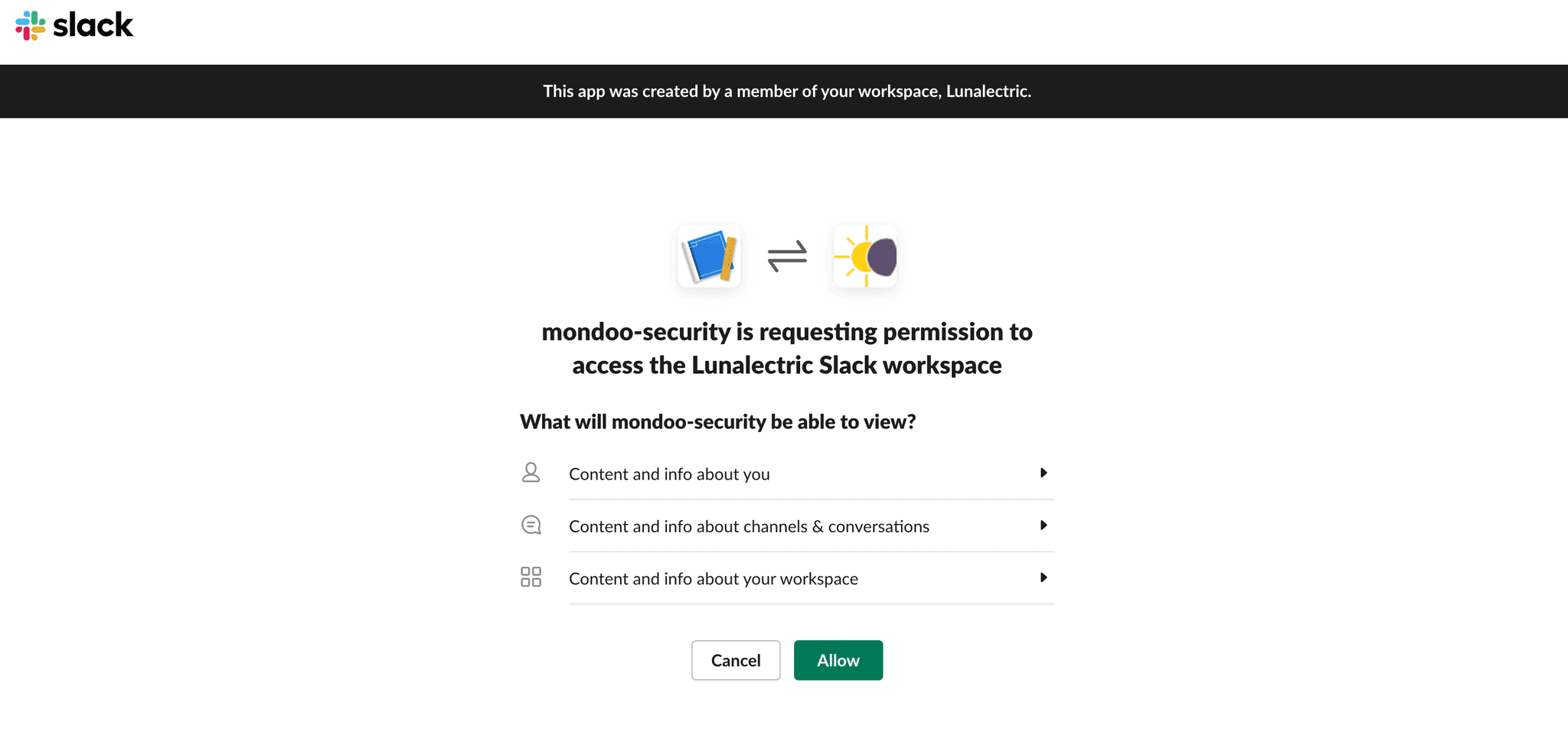 Slack app permissions confirmation