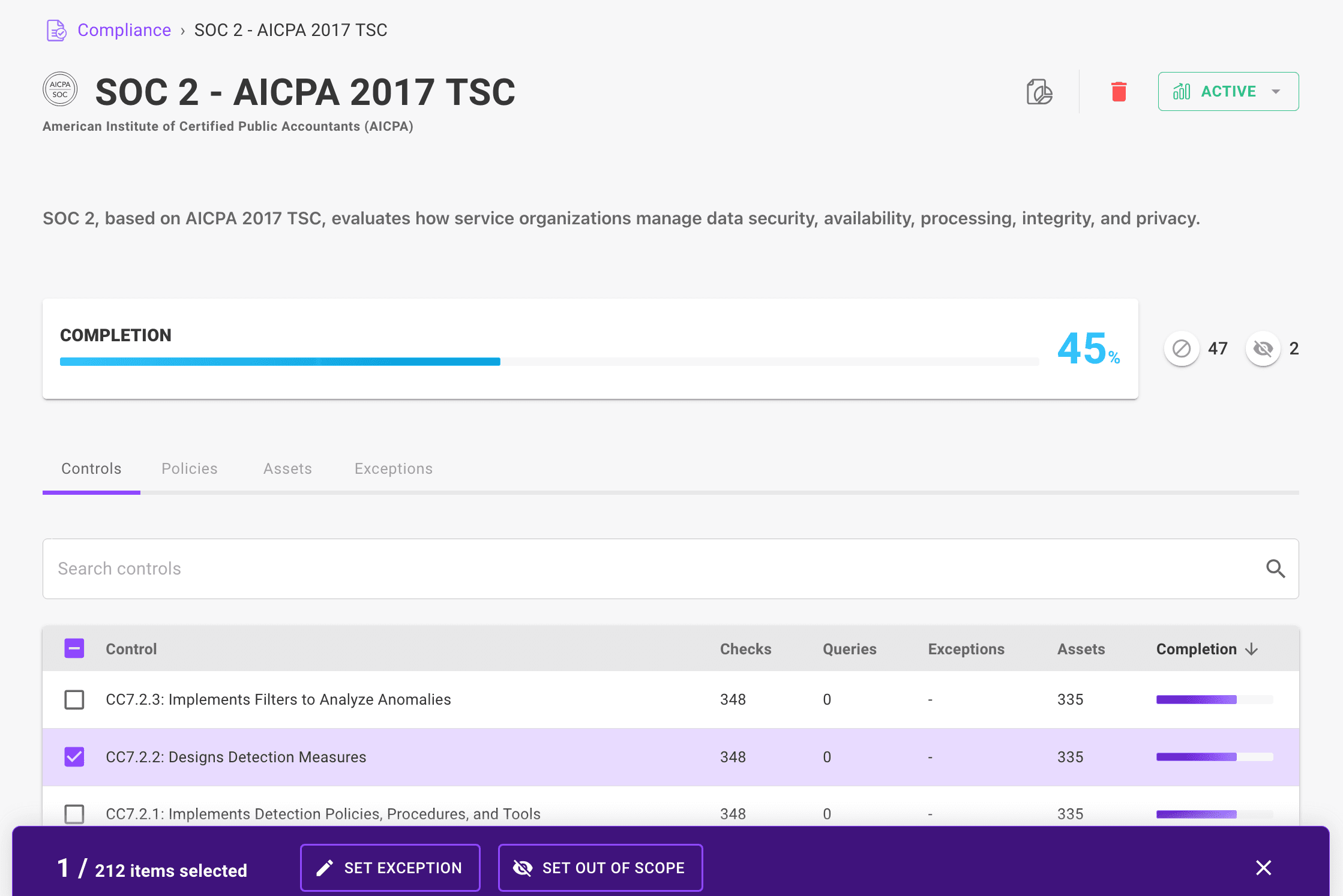 Compliance framework with a control selected