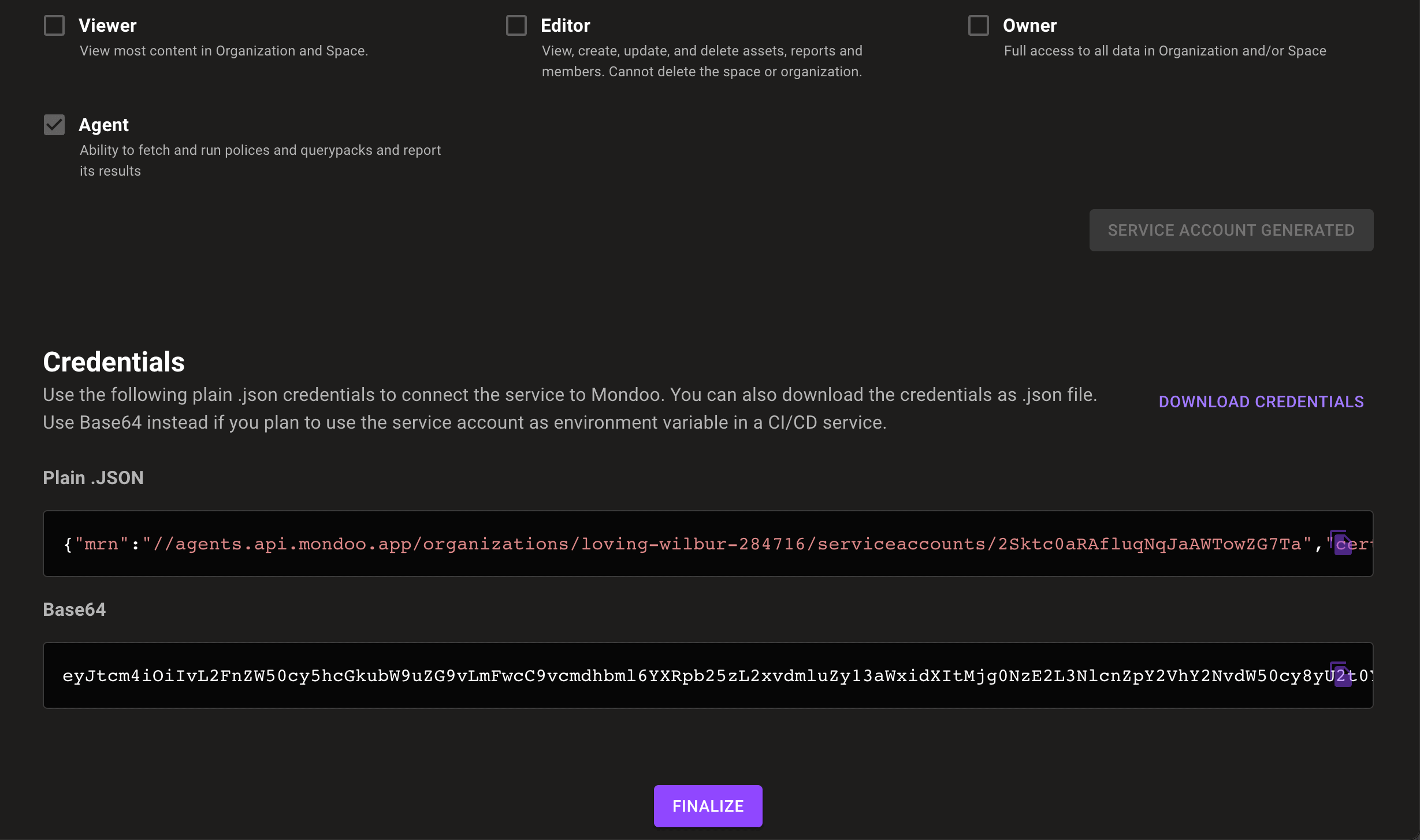 Get Mondoo service account credentials