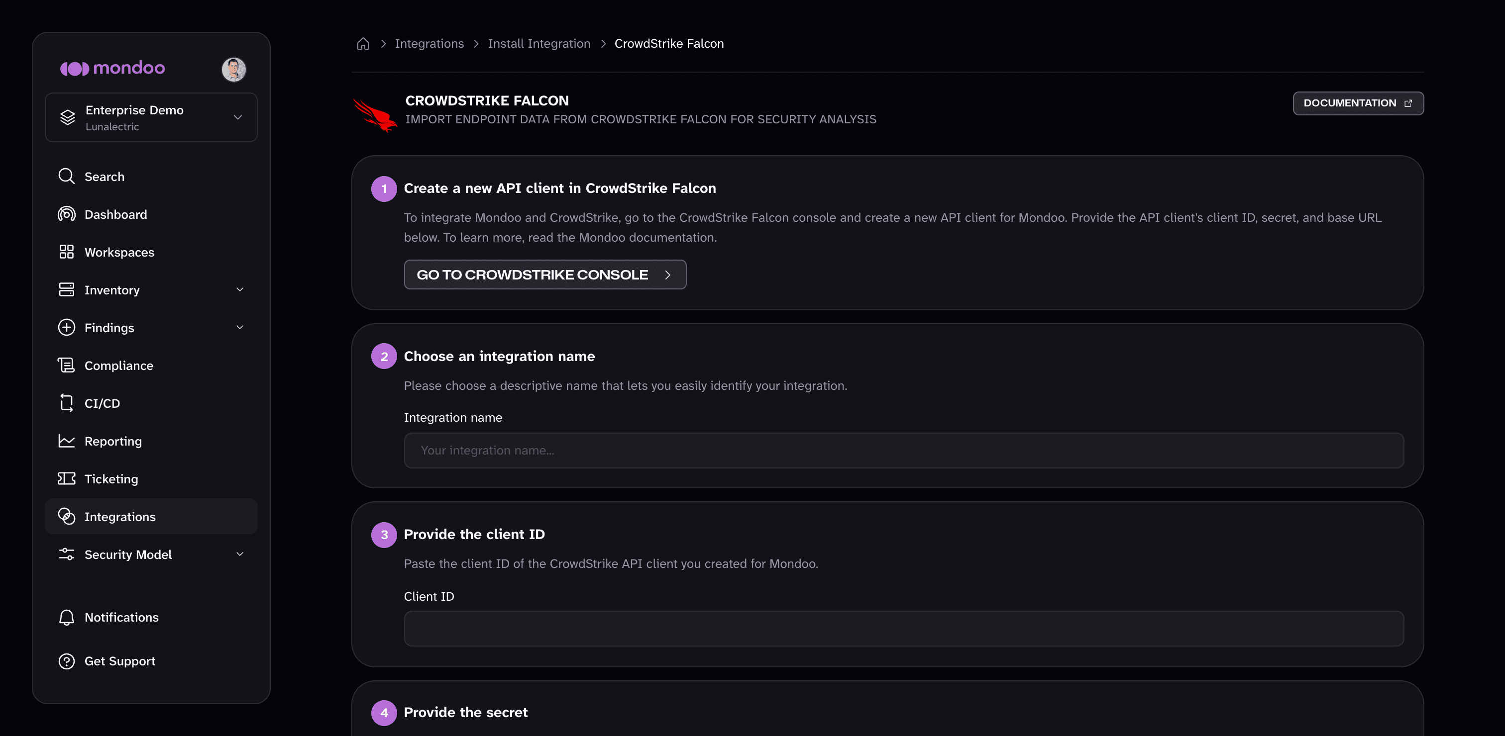 The CrowdStrike Falcon integration setup form in the Mondoo Console