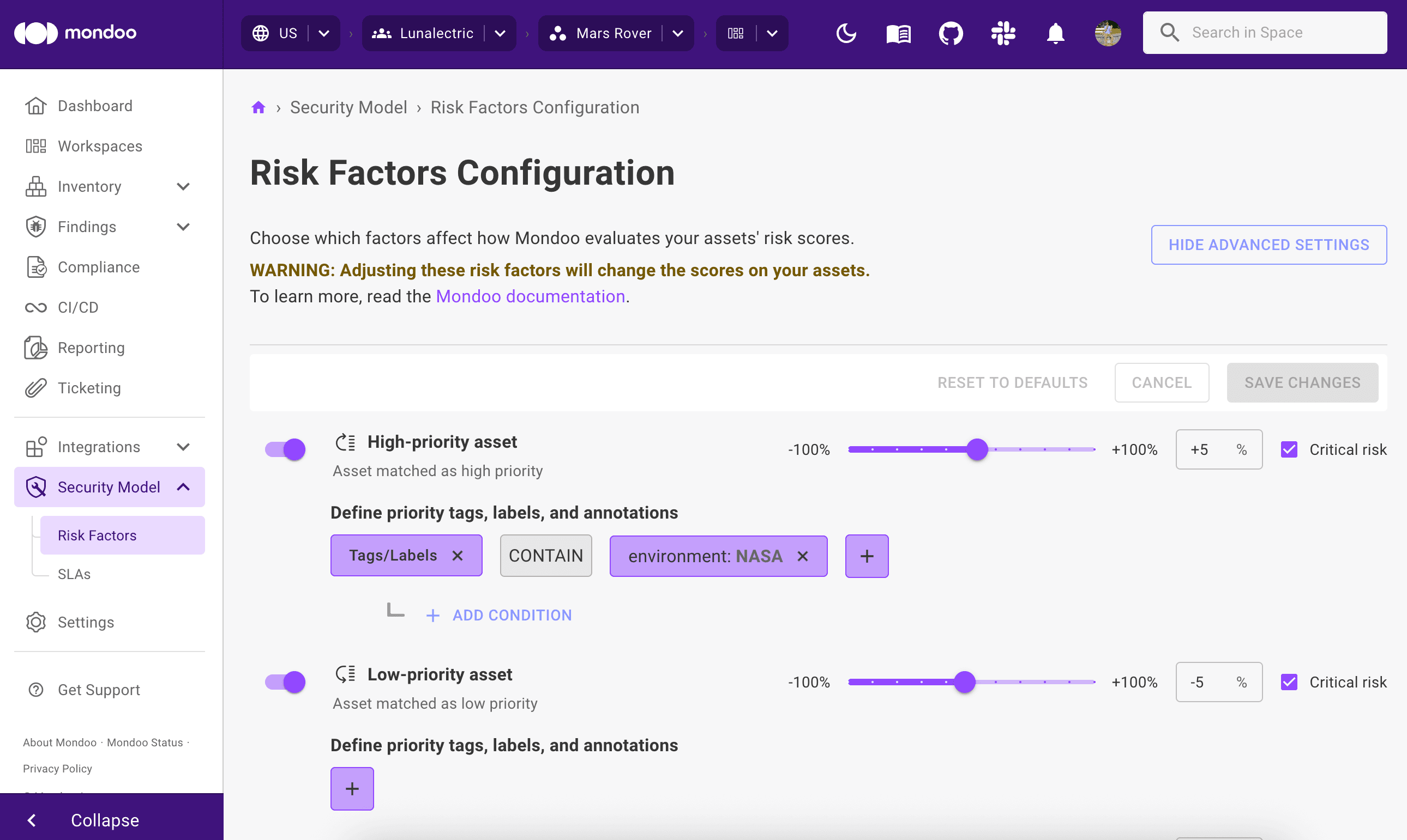 Customize how much risk factors affect asset scores in Mondoo