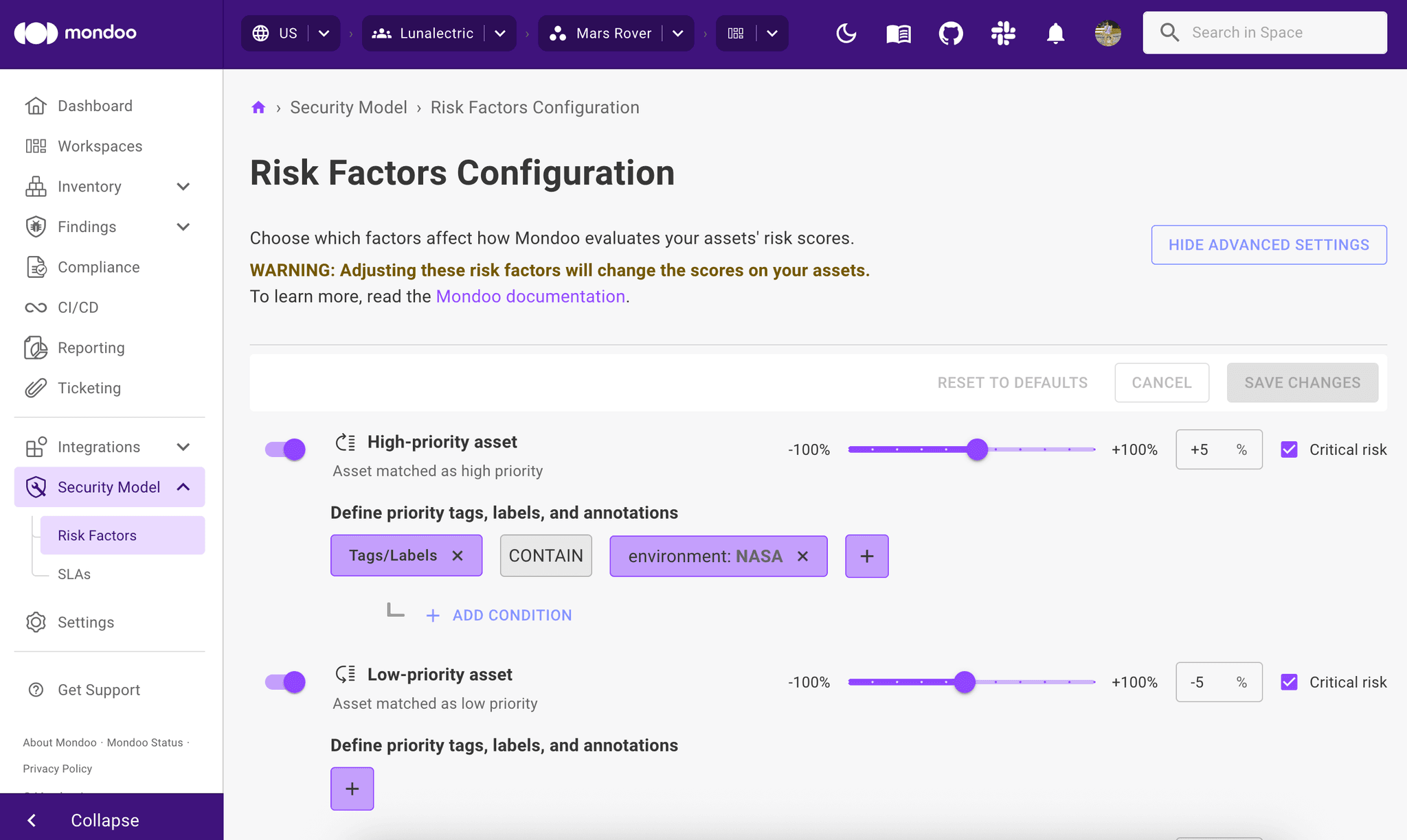 Customize how much risk factors affect asset scores in Mondoo