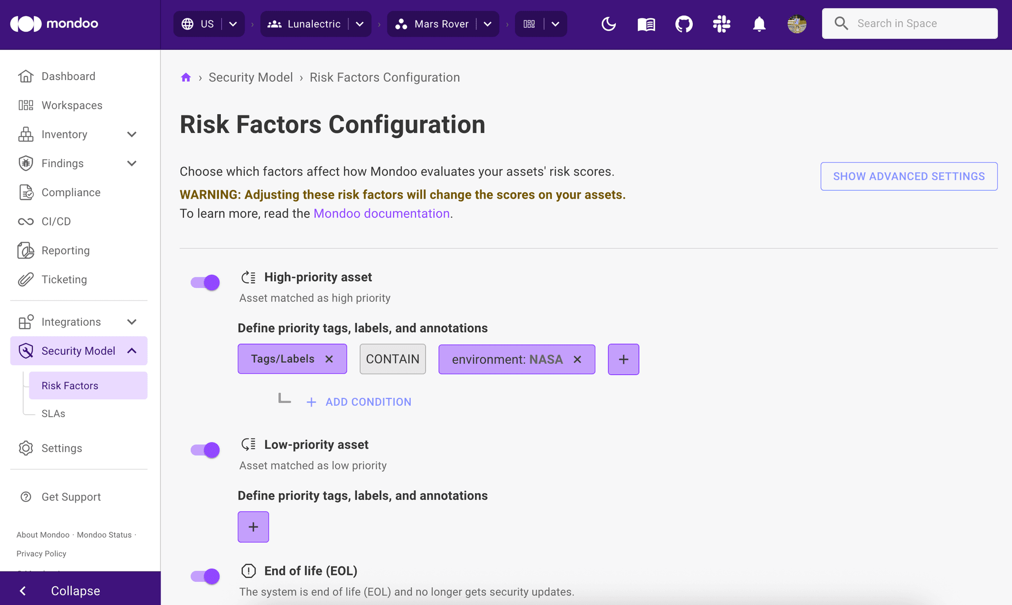Customize how risk factors affect asset scores in Mondoo