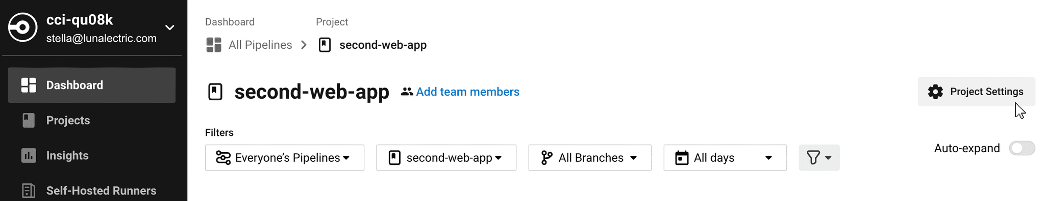 CircleCI project dashboard