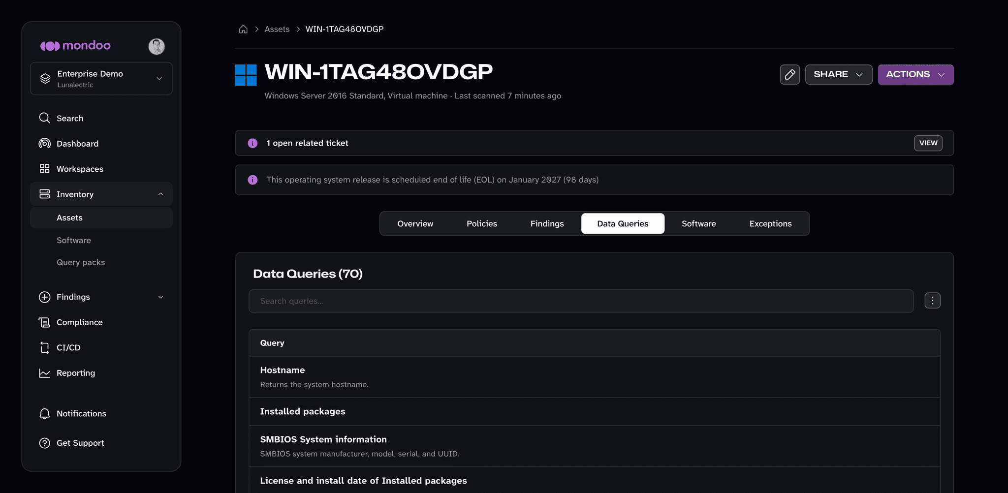 The Data Queries tab of a Windows Server asset in the Mondoo App
