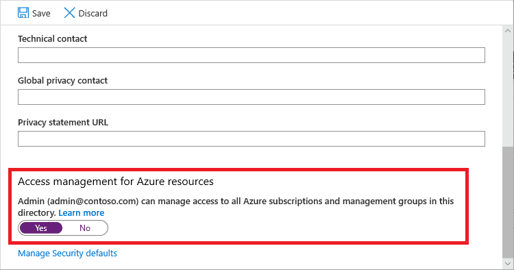 Microsoft Entra ID Properties page with the Access management for Azure resources toggle set to Yes