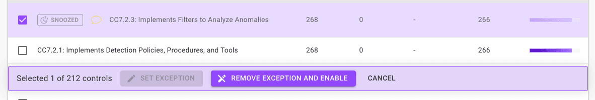 Control with exception selected showing Remove Exception and Enable button